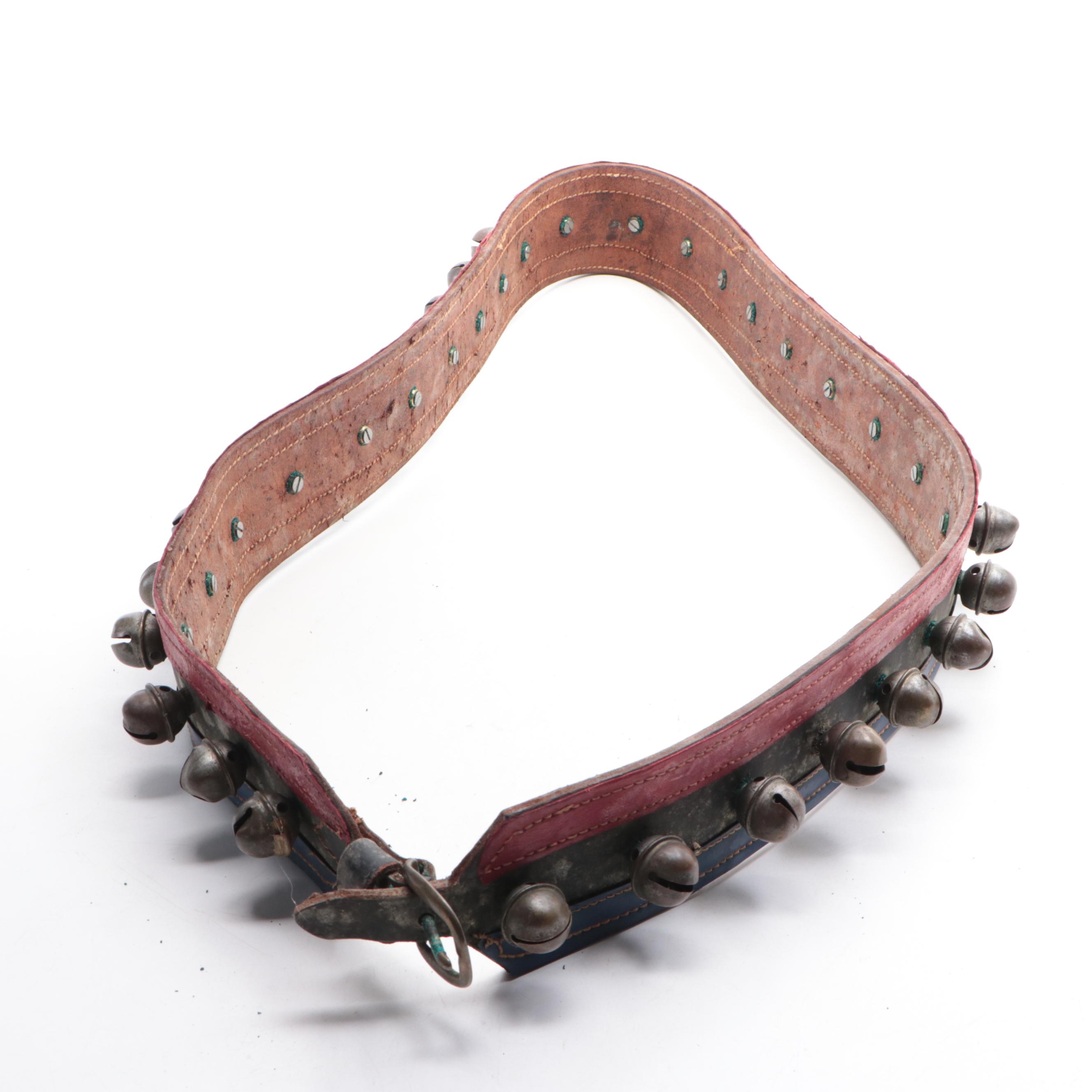 Horse Harness Sleigh Bells with Red, Blue and Black Leather Strap