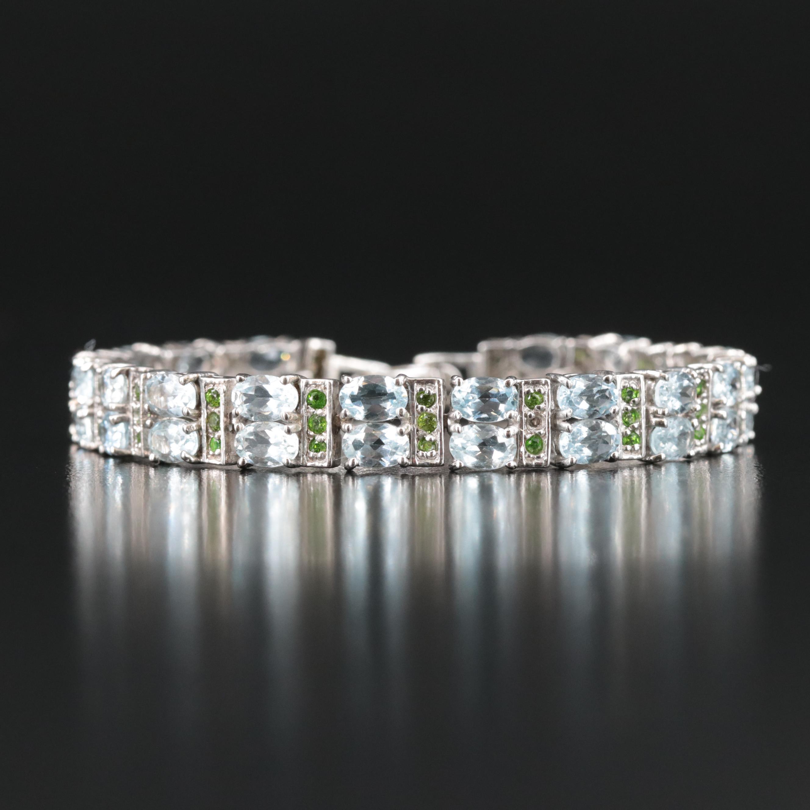 Sterling Aquamarine and Diopside Line Bracelet