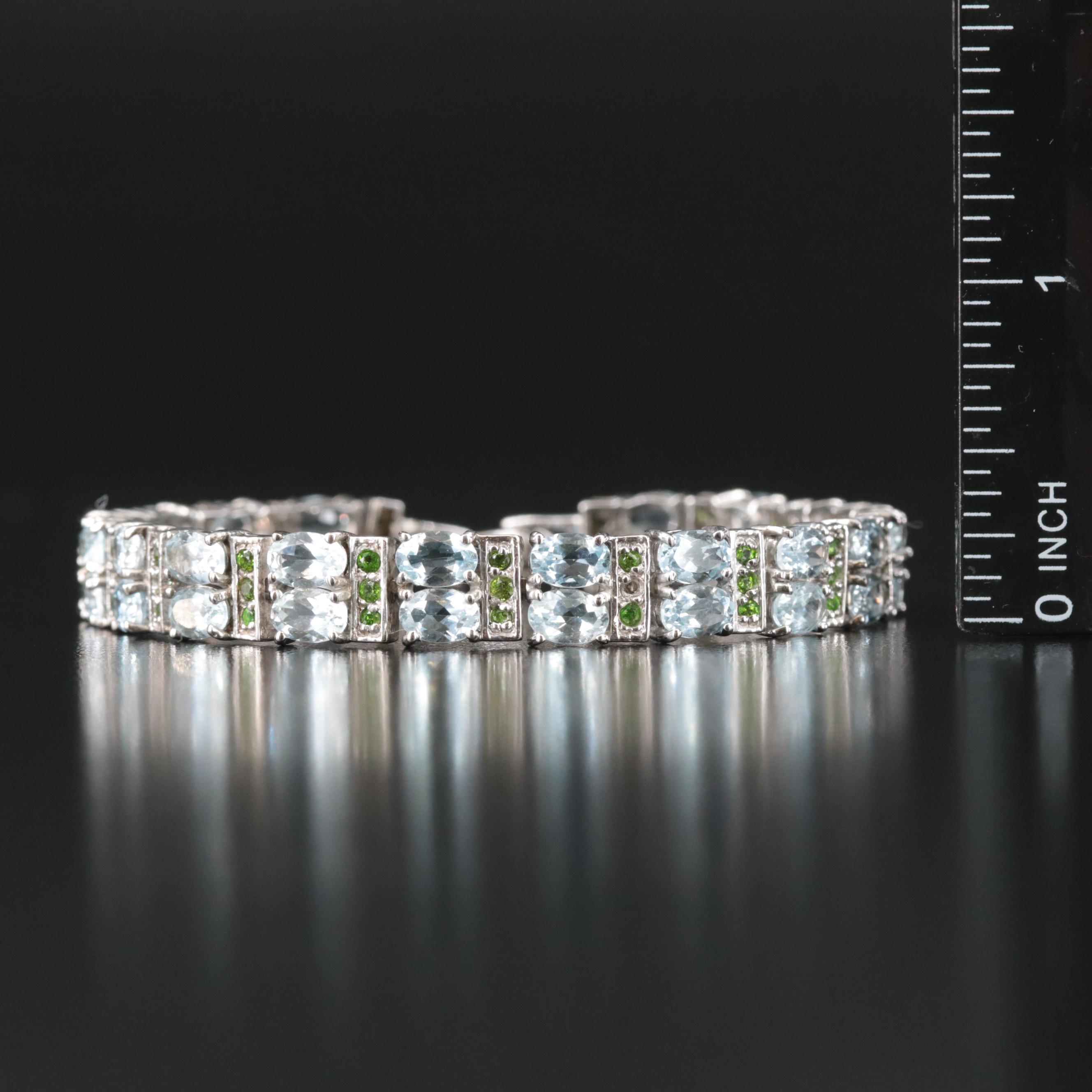Sterling Aquamarine and Diopside Line Bracelet