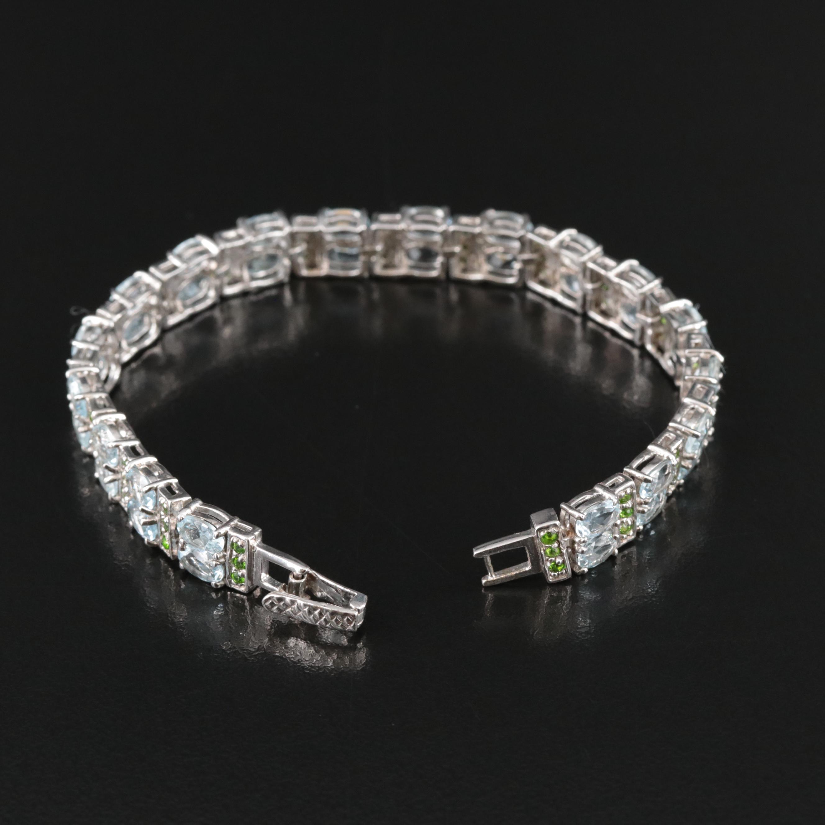 Sterling Aquamarine and Diopside Line Bracelet