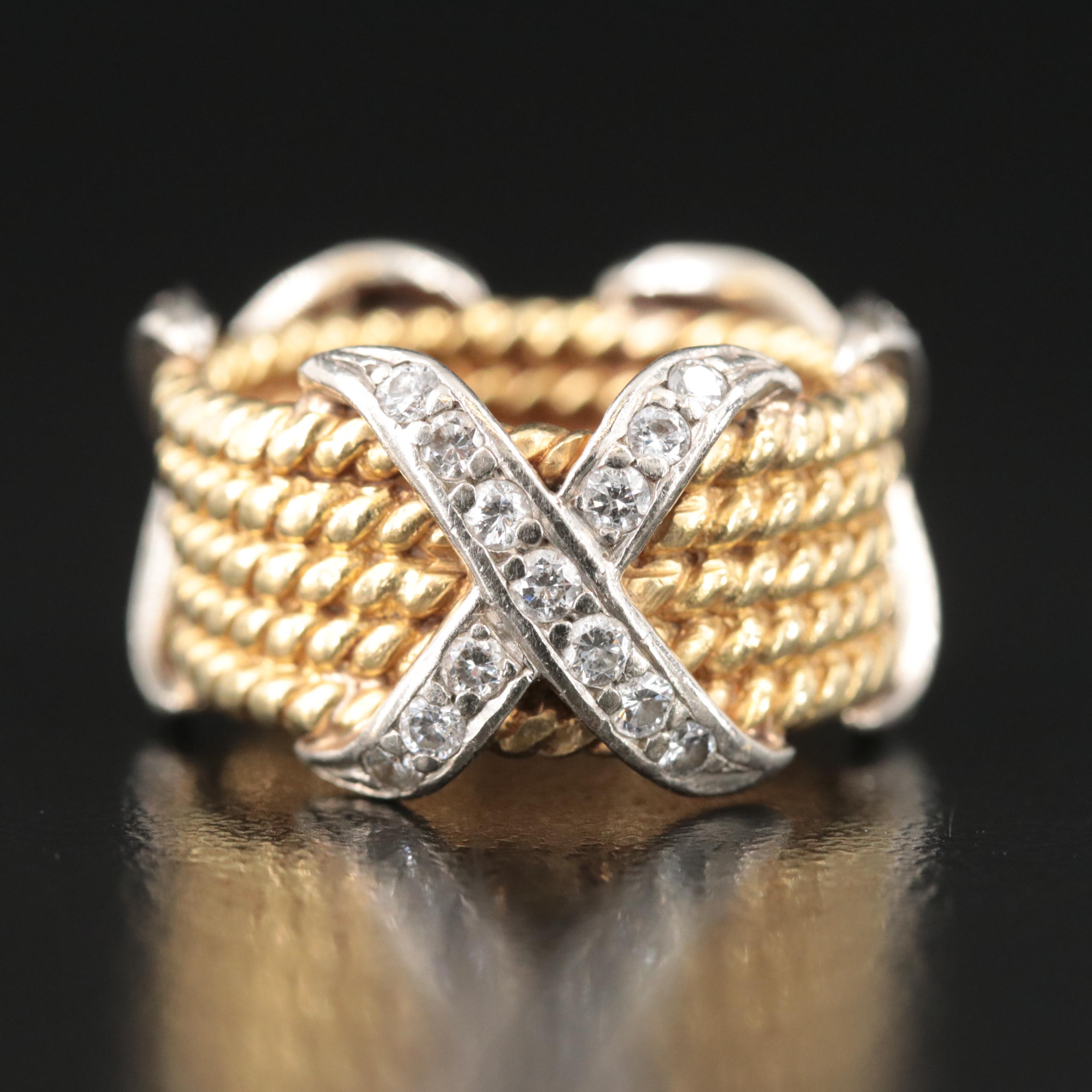 18K,14K and 0.68 CTW Diamond Rope Textured X Band