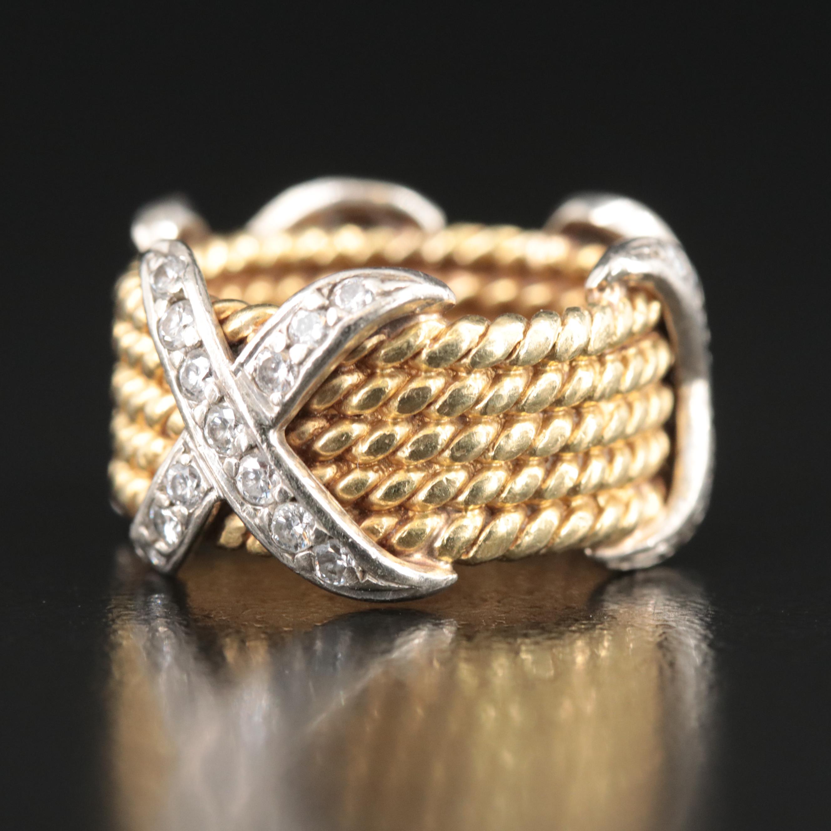 18K,14K and 0.68 CTW Diamond Rope Textured X Band
