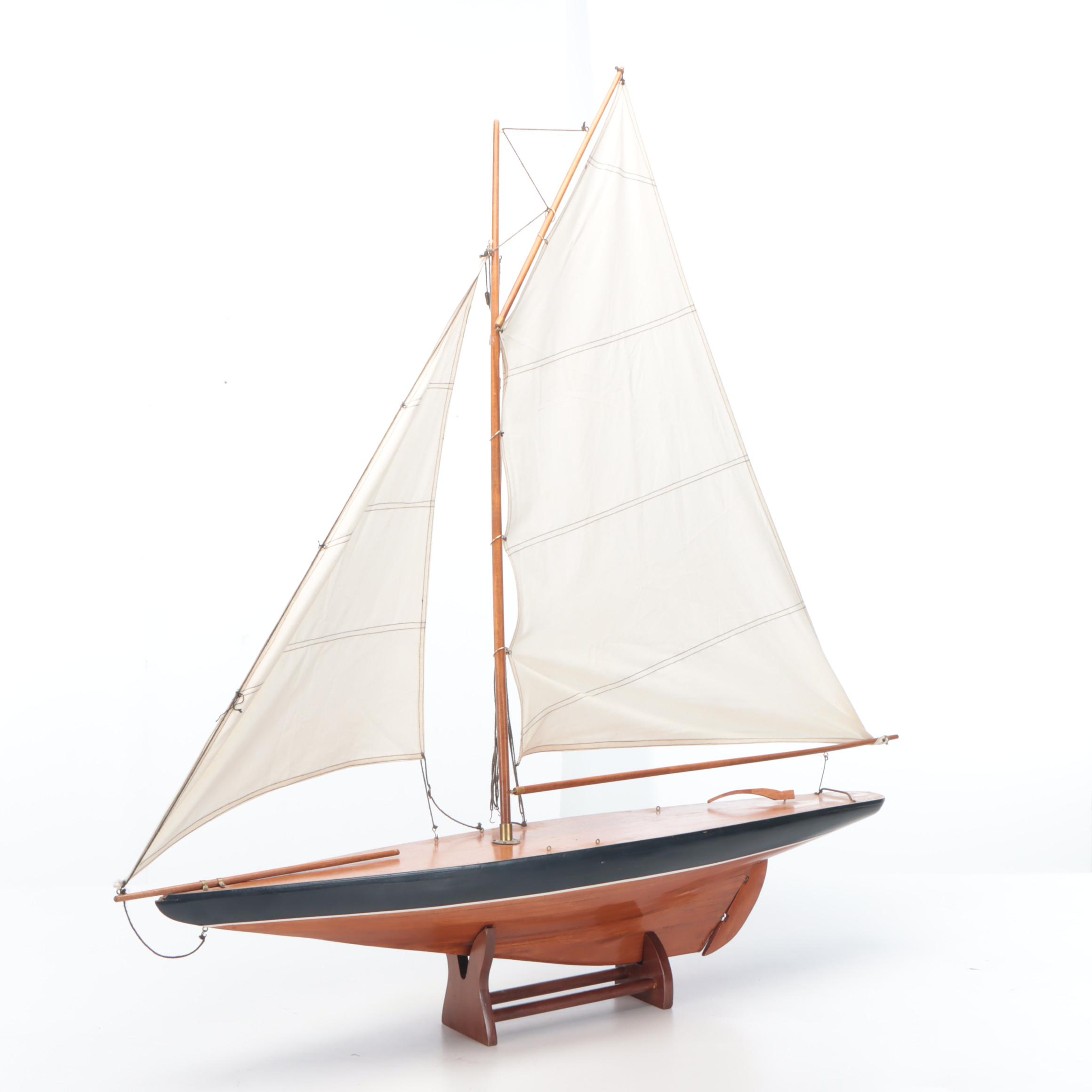Large Hand-Built Wood and Cloth Model Sailboat with Display Stand