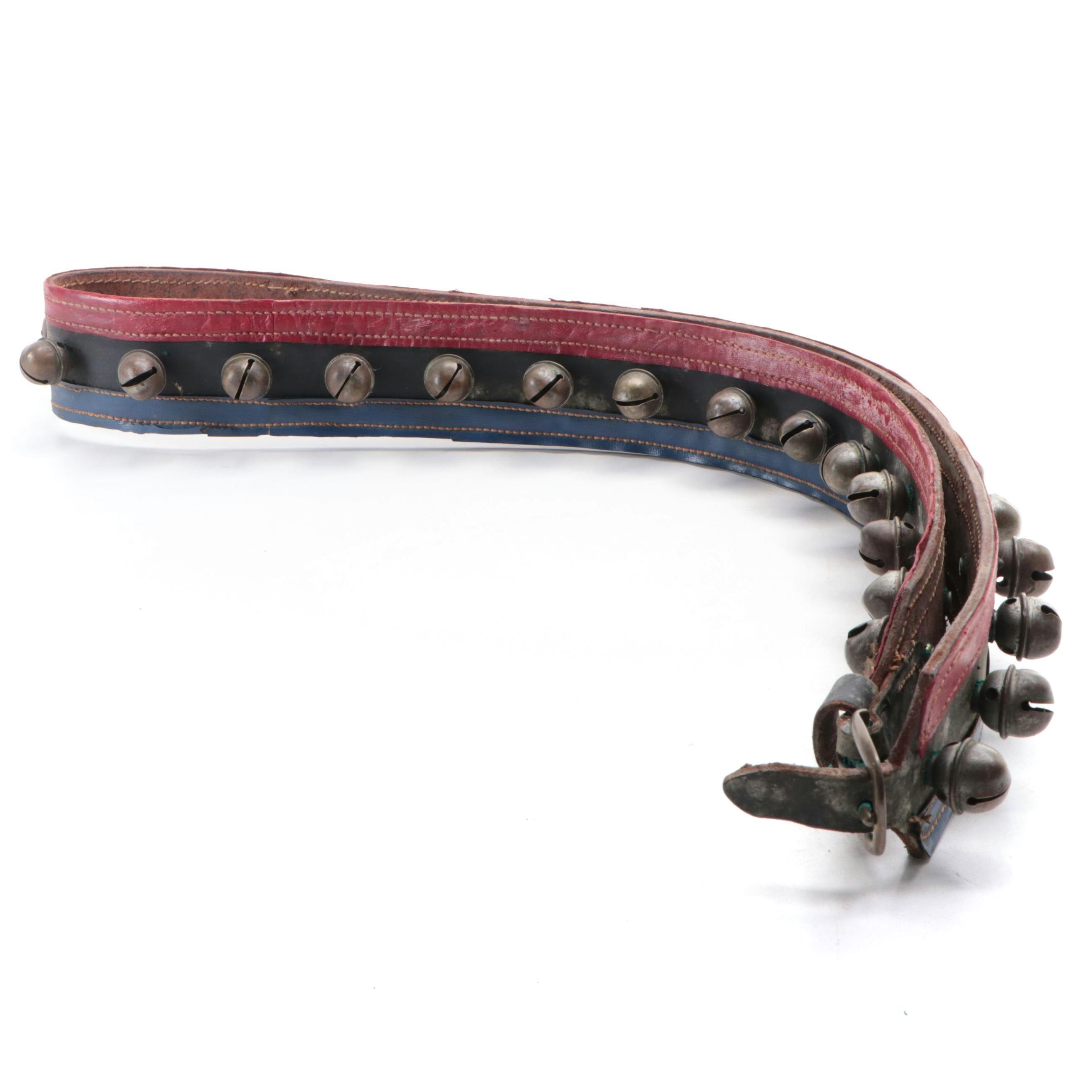 Horse Harness Sleigh Bells with Red, Blue and Black Leather Strap