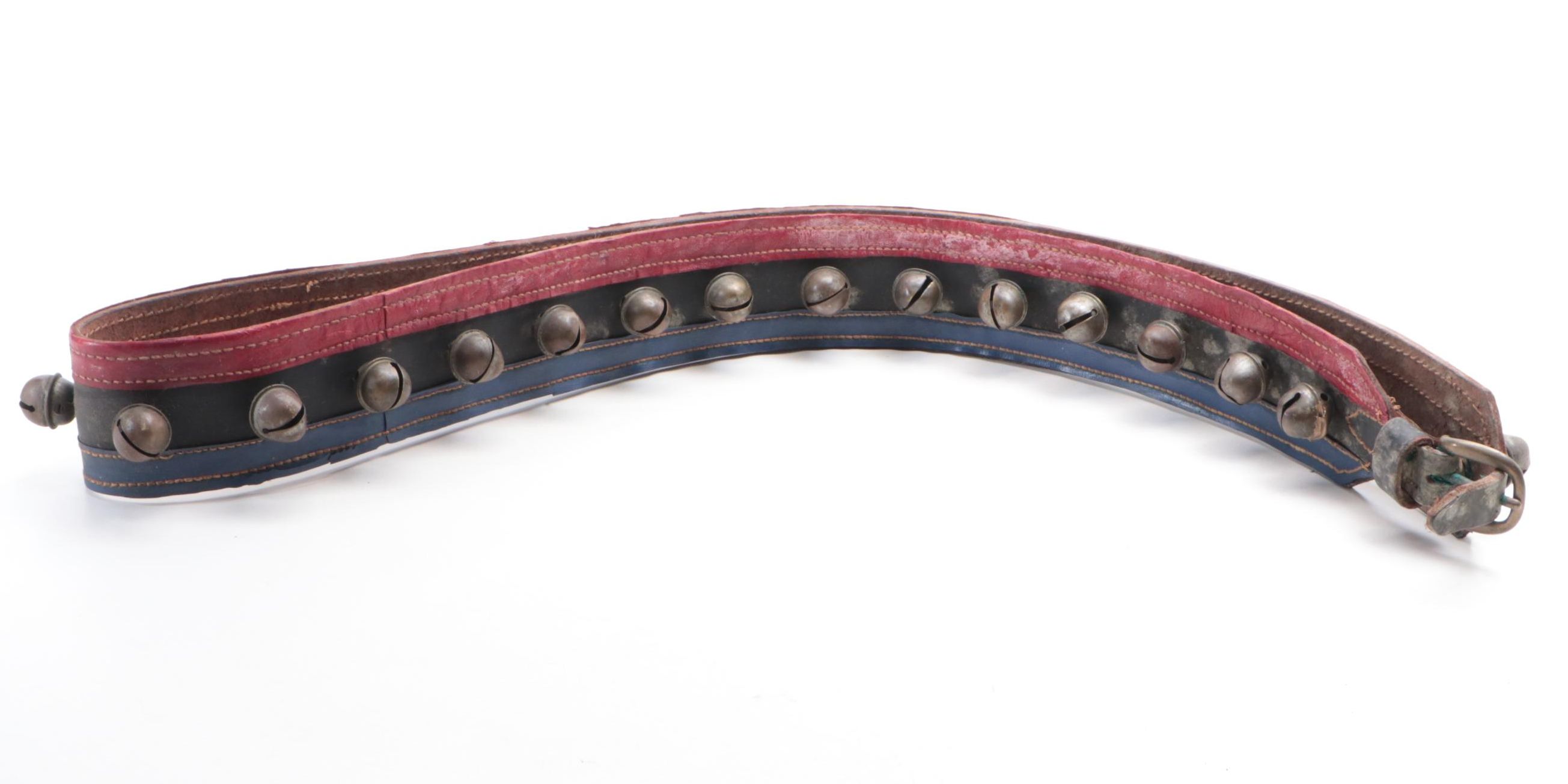 Horse Harness Sleigh Bells with Red, Blue and Black Leather Strap