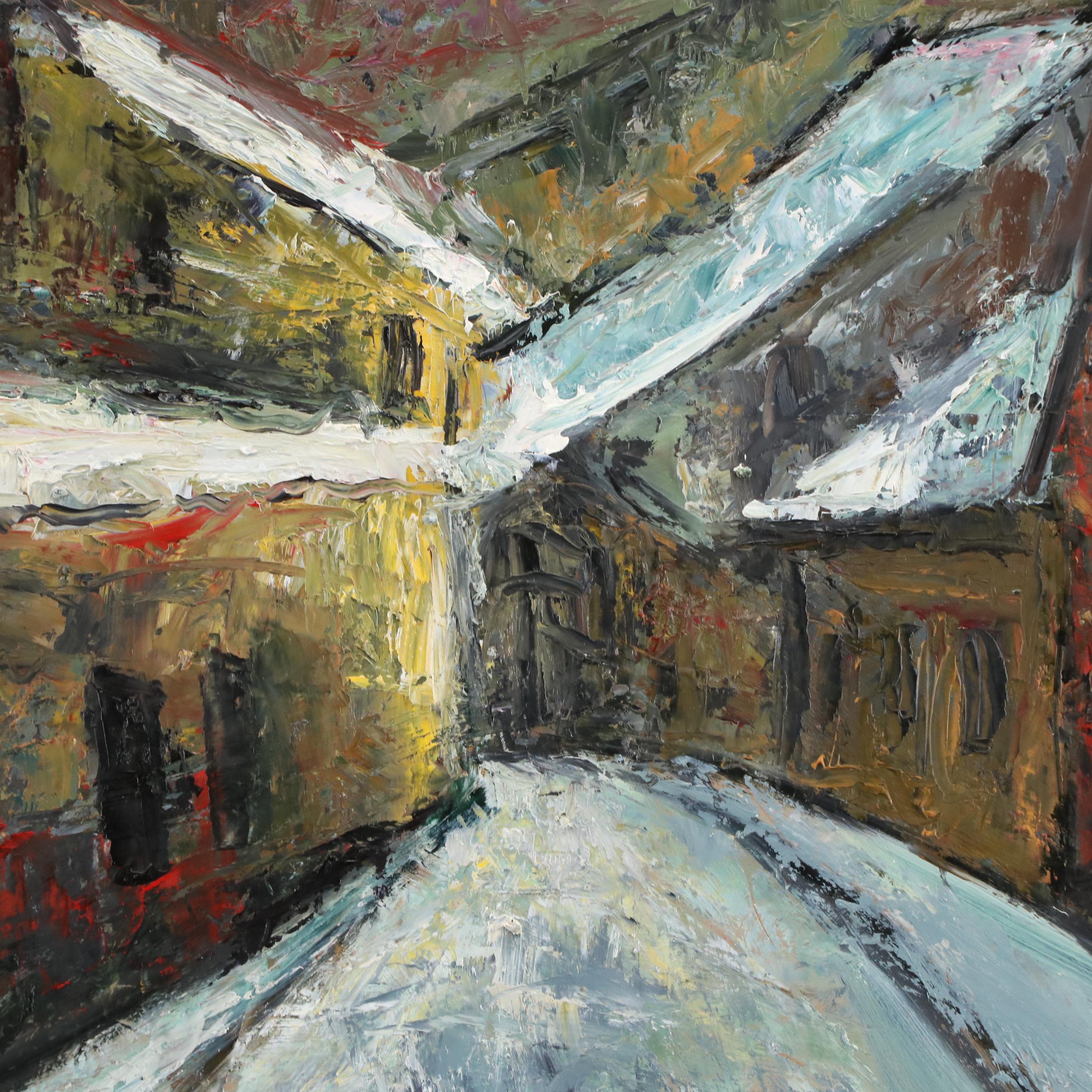 Snowy Village Landscape Oil Painting, 1993