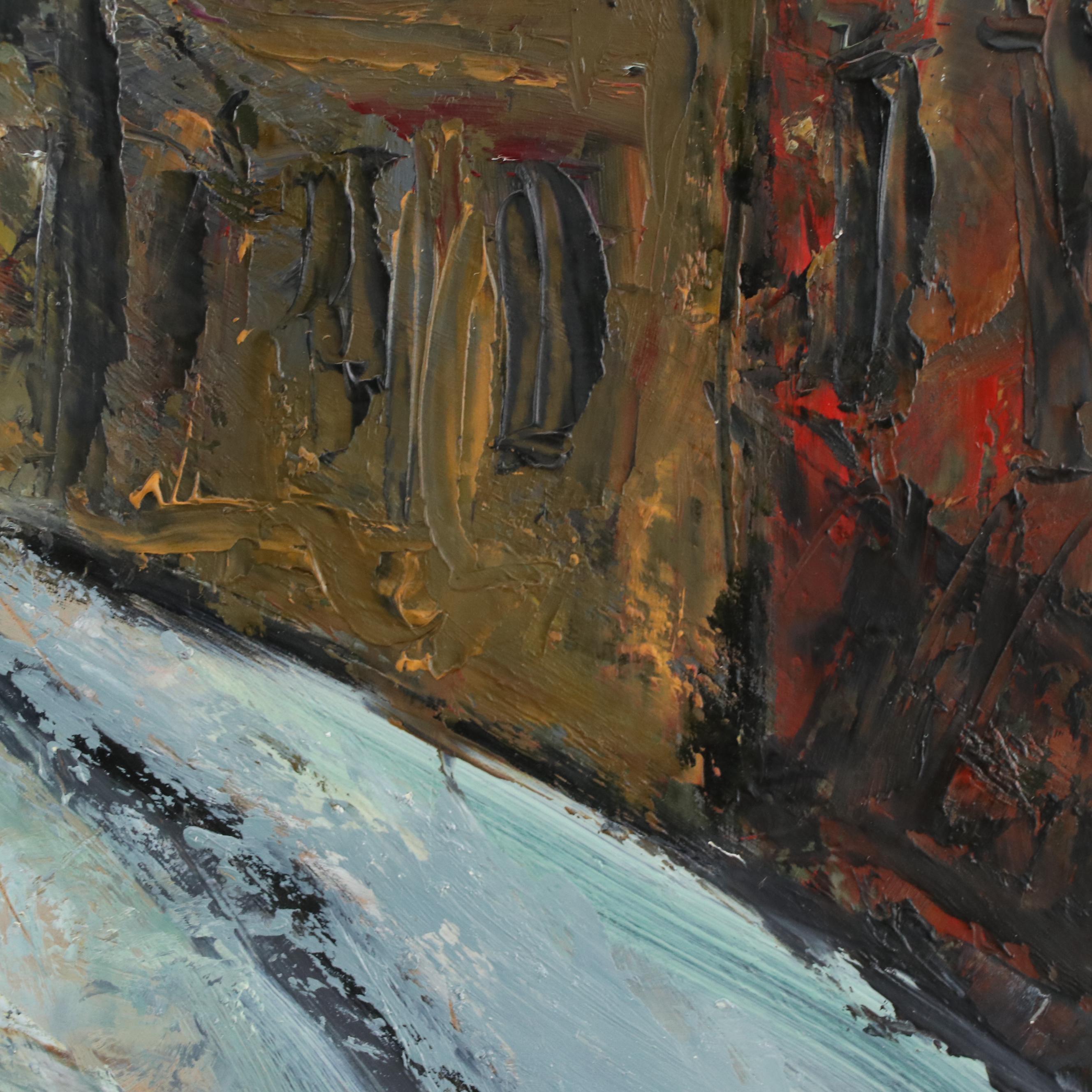 Snowy Village Landscape Oil Painting, 1993