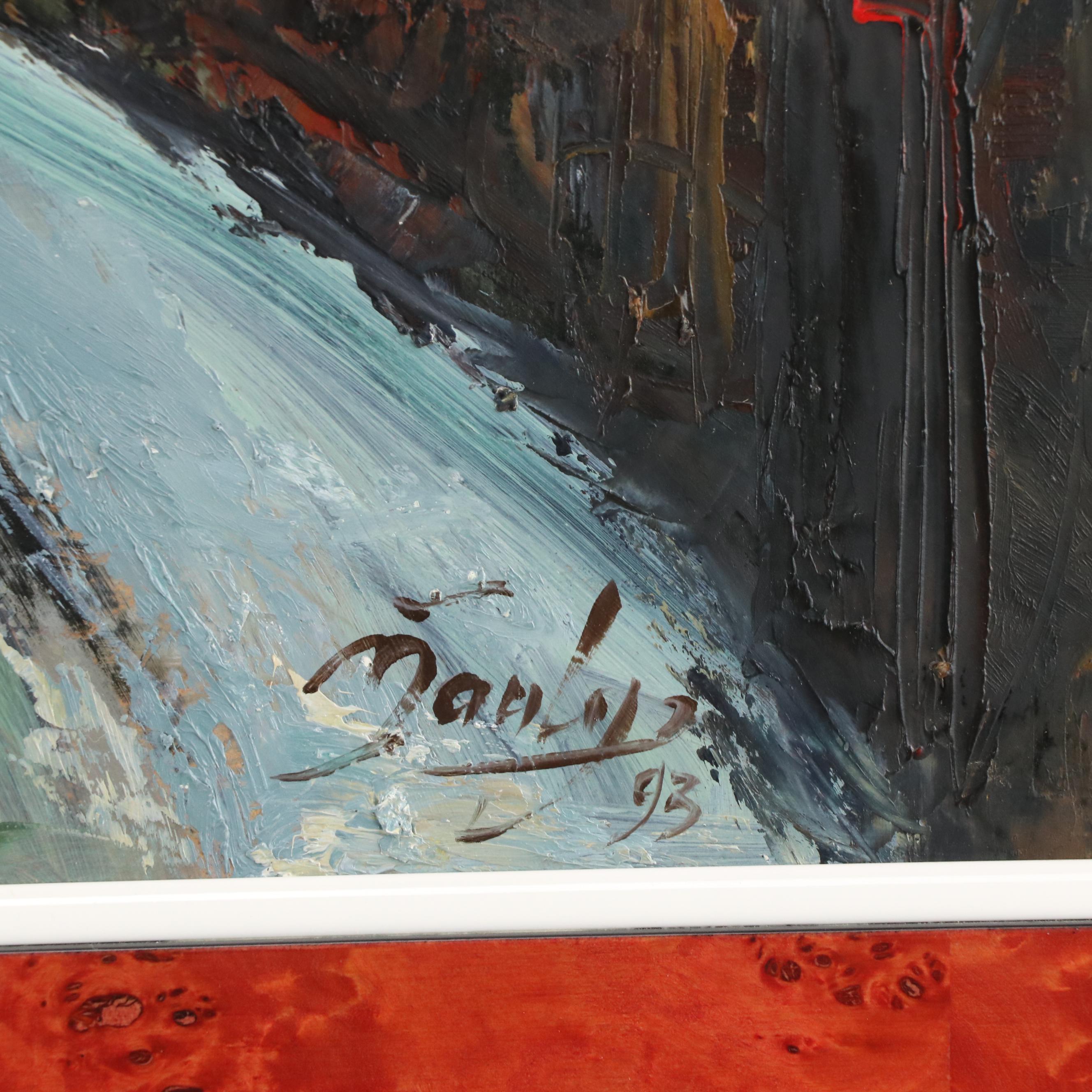 Snowy Village Landscape Oil Painting, 1993