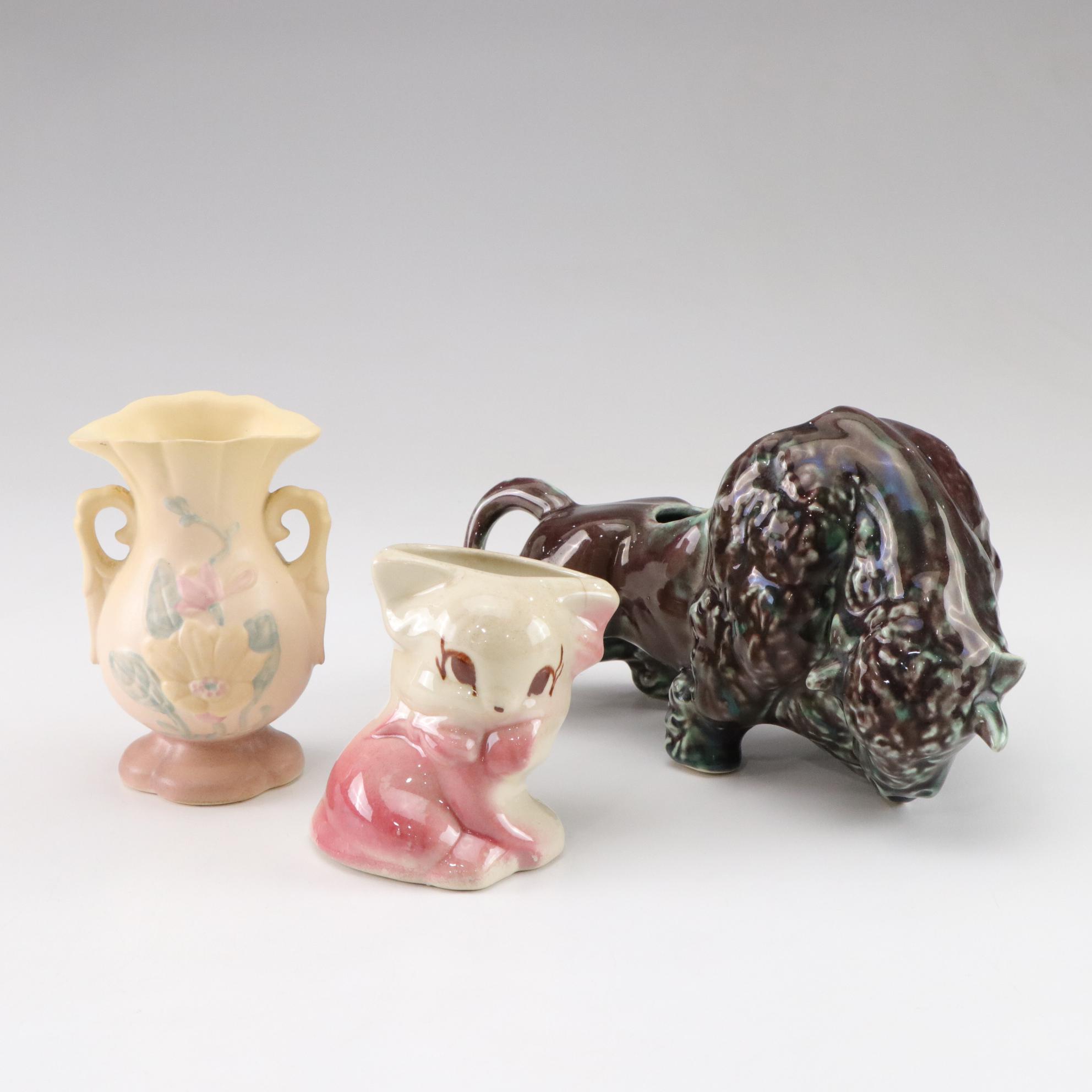 Mid Century Modern Ceramic Bison Planter with Kitten and Hull Vases
