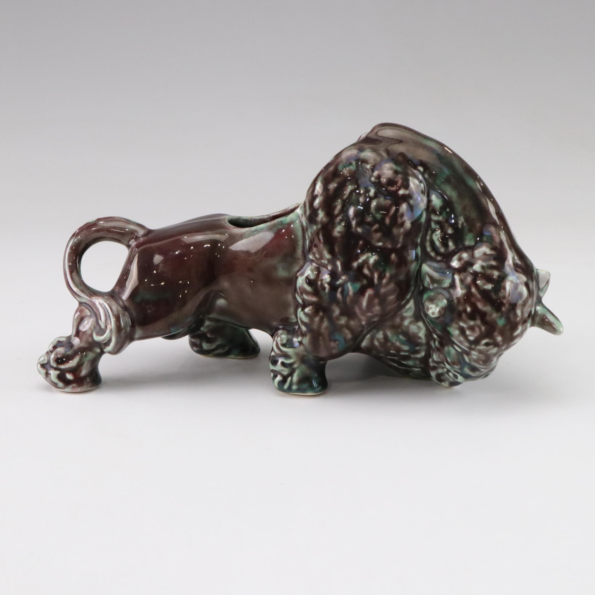 Mid Century Modern Ceramic Bison Planter with Kitten and Hull Vases