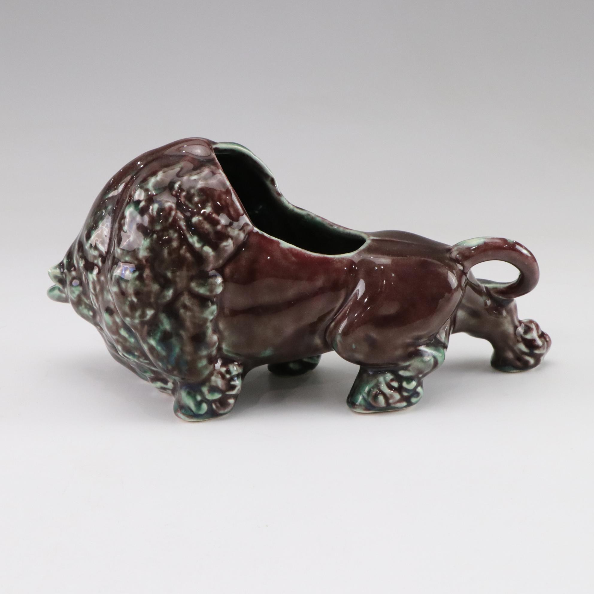 Mid Century Modern Ceramic Bison Planter with Kitten and Hull Vases