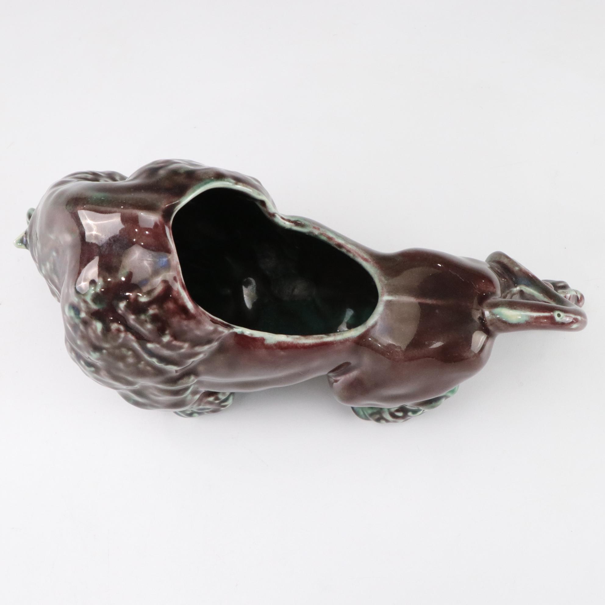 Mid Century Modern Ceramic Bison Planter with Kitten and Hull Vases