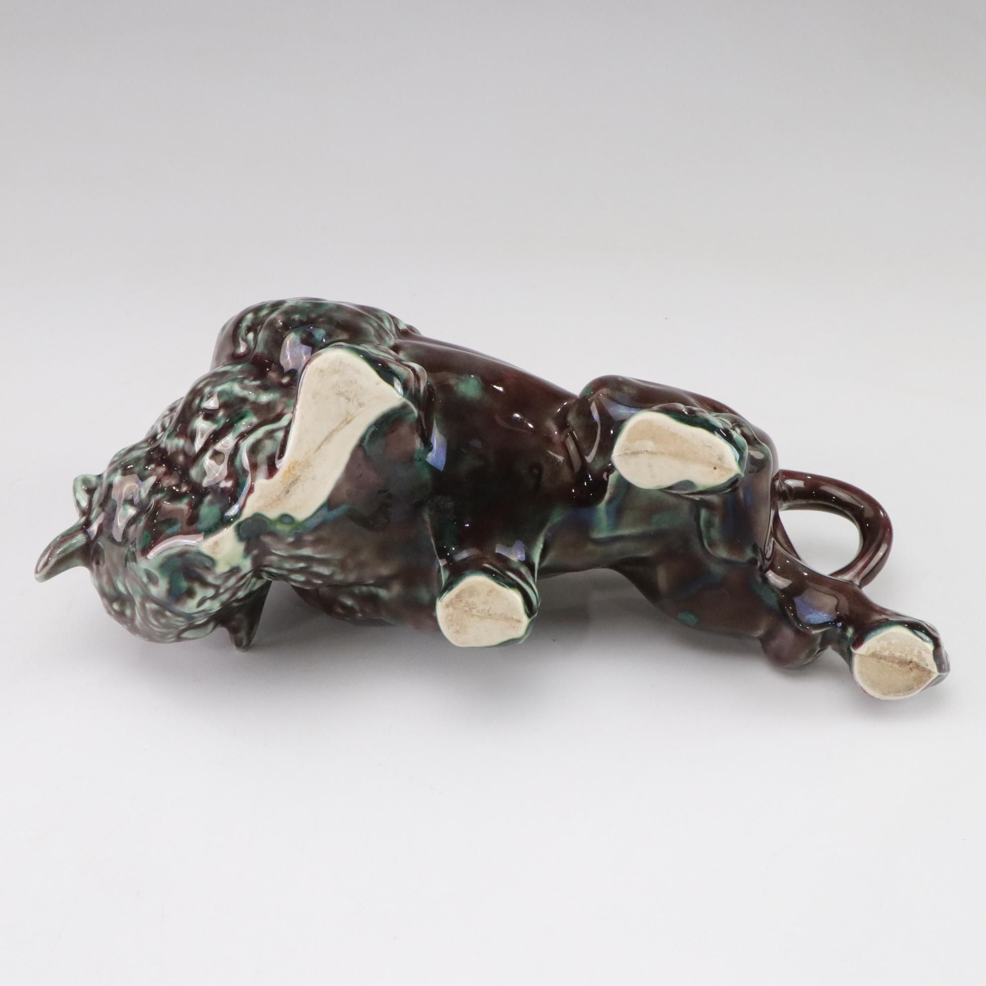 Mid Century Modern Ceramic Bison Planter with Kitten and Hull Vases