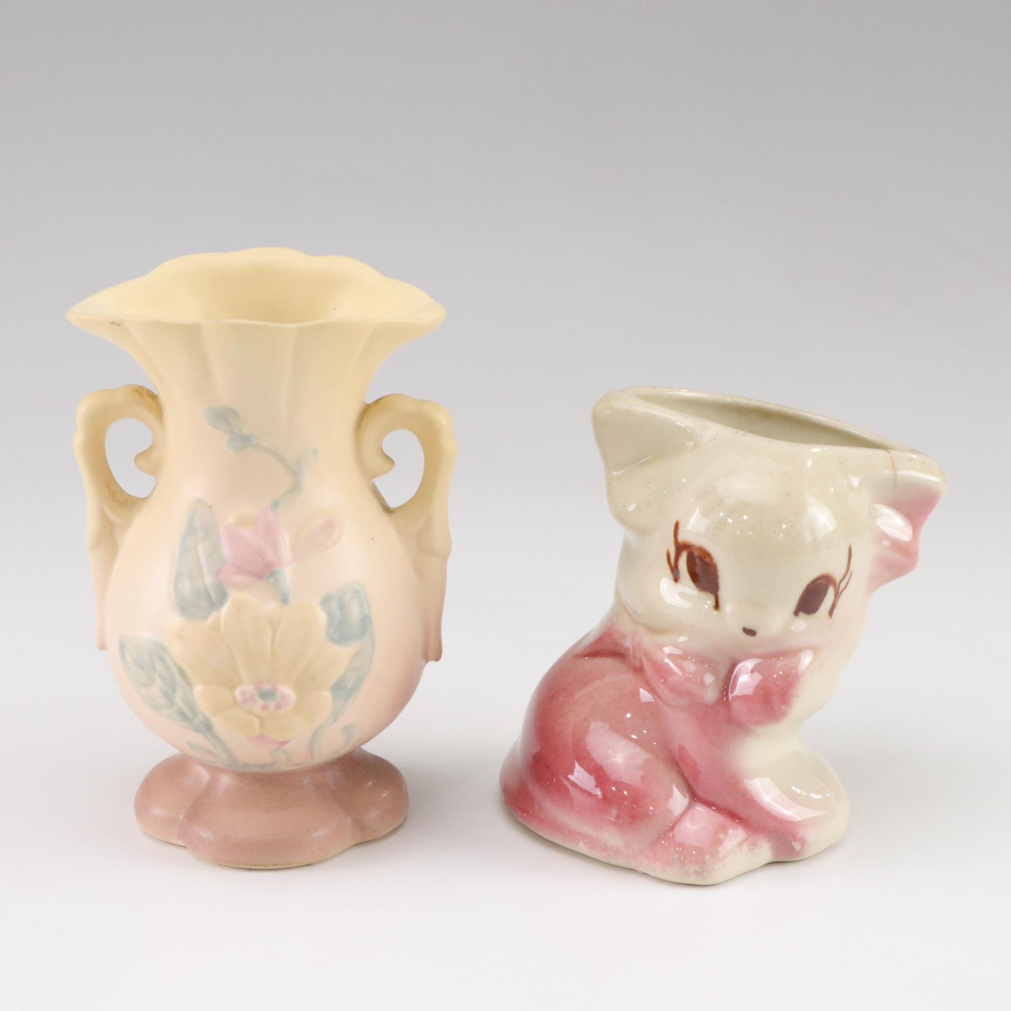 Mid Century Modern Ceramic Bison Planter with Kitten and Hull Vases