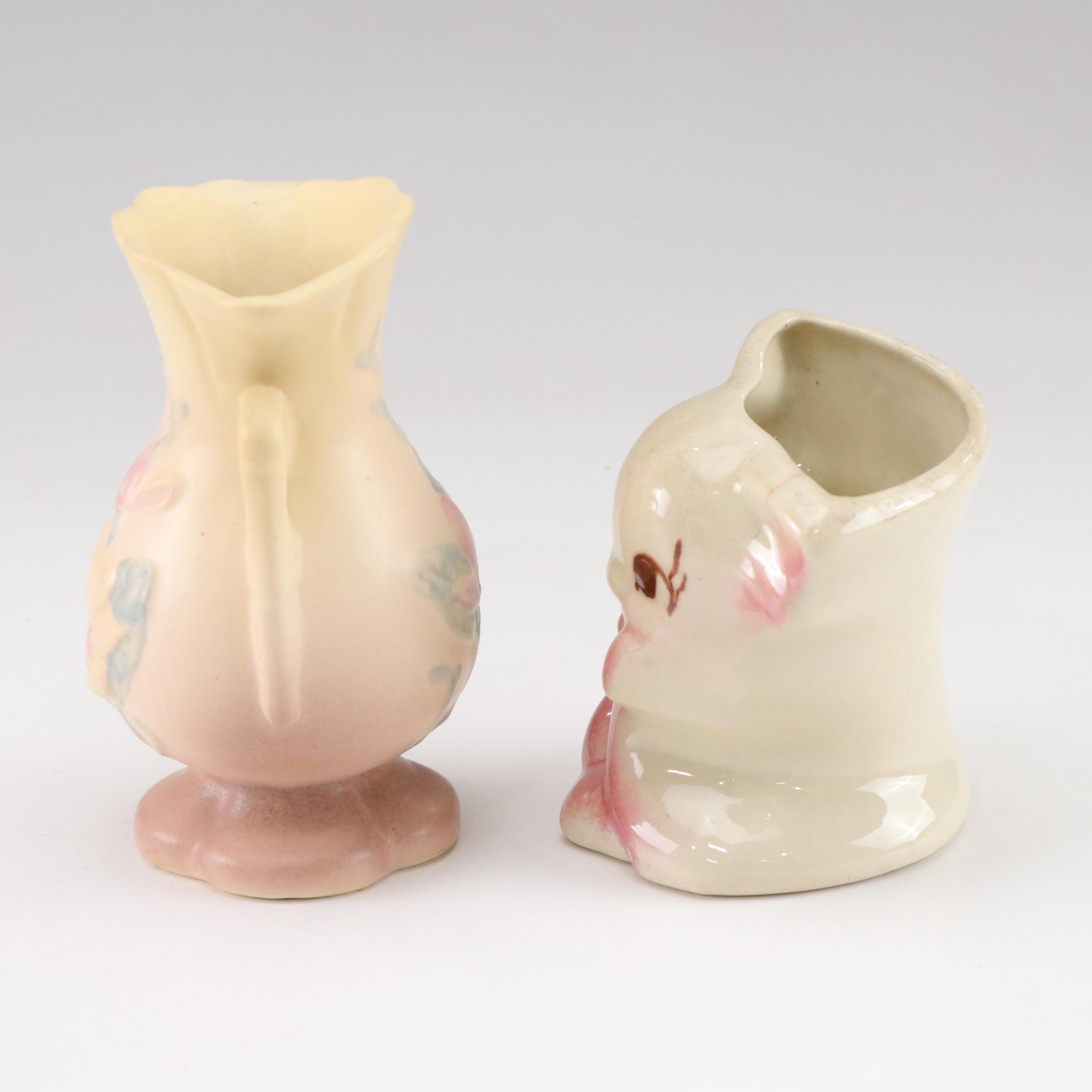 Mid Century Modern Ceramic Bison Planter with Kitten and Hull Vases