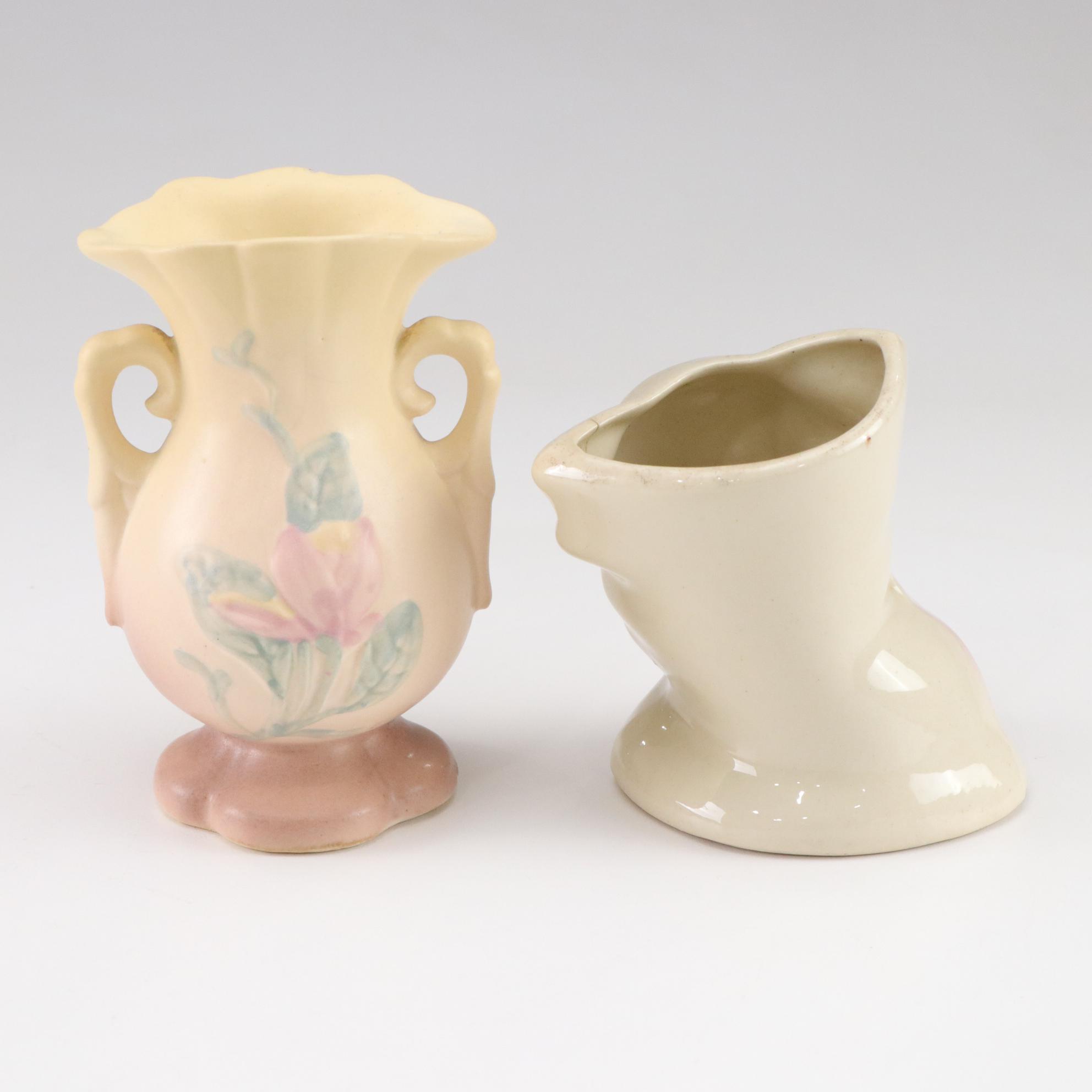 Mid Century Modern Ceramic Bison Planter with Kitten and Hull Vases