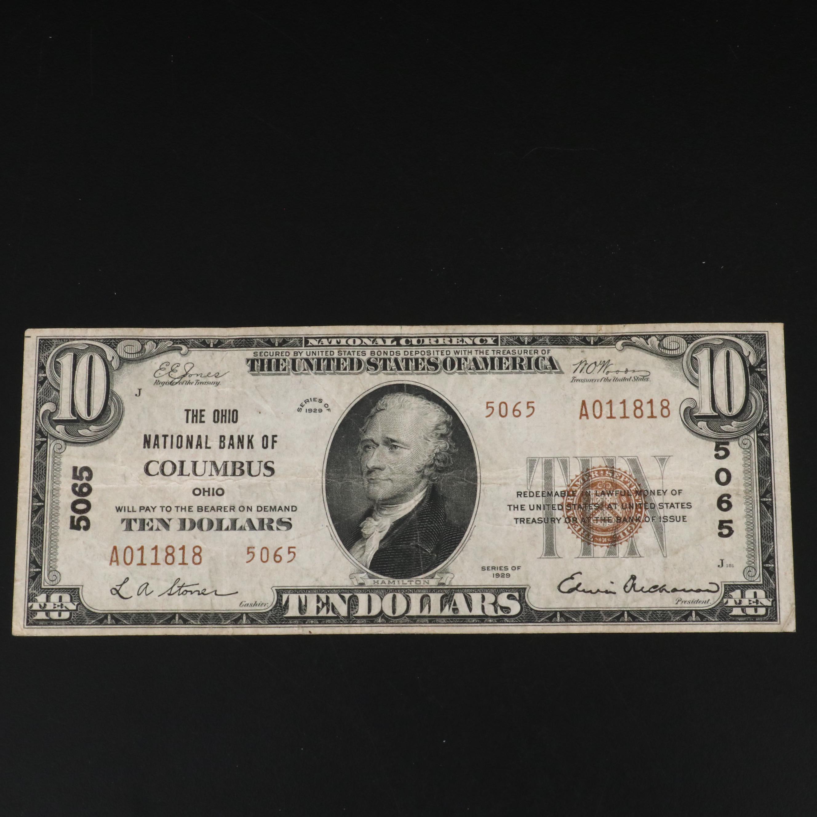 1929 Ten Dollar National bank Note from the Ohio National Bank of Columbus