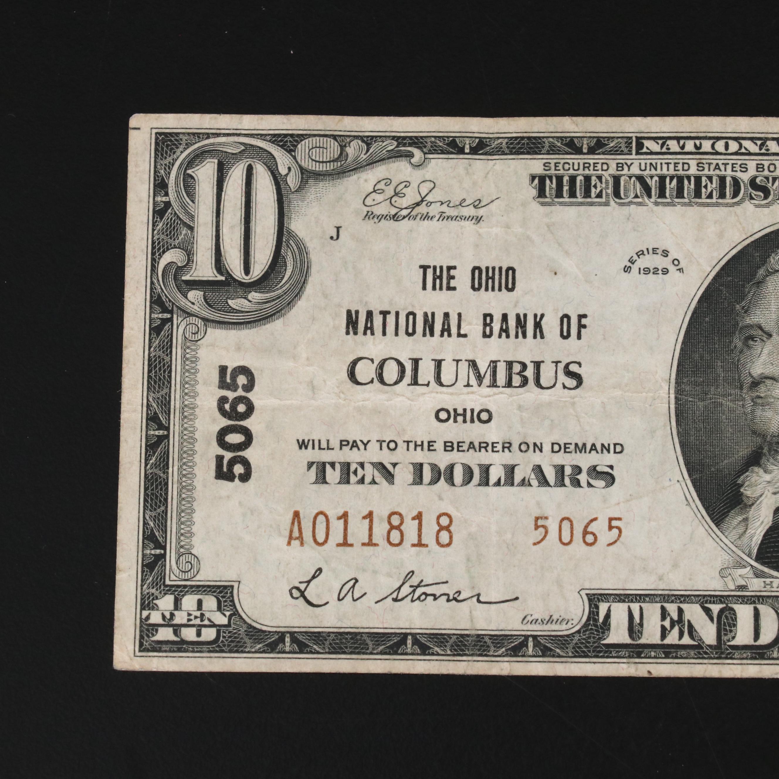 1929 Ten Dollar National bank Note from the Ohio National Bank of Columbus