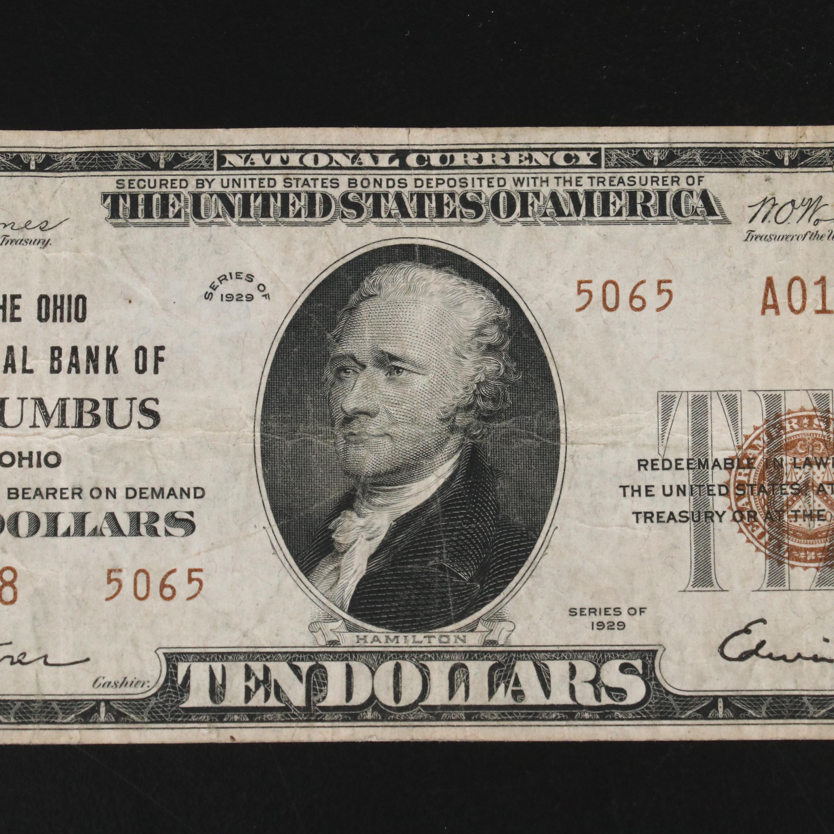 1929 Ten Dollar National bank Note from the Ohio National Bank of Columbus