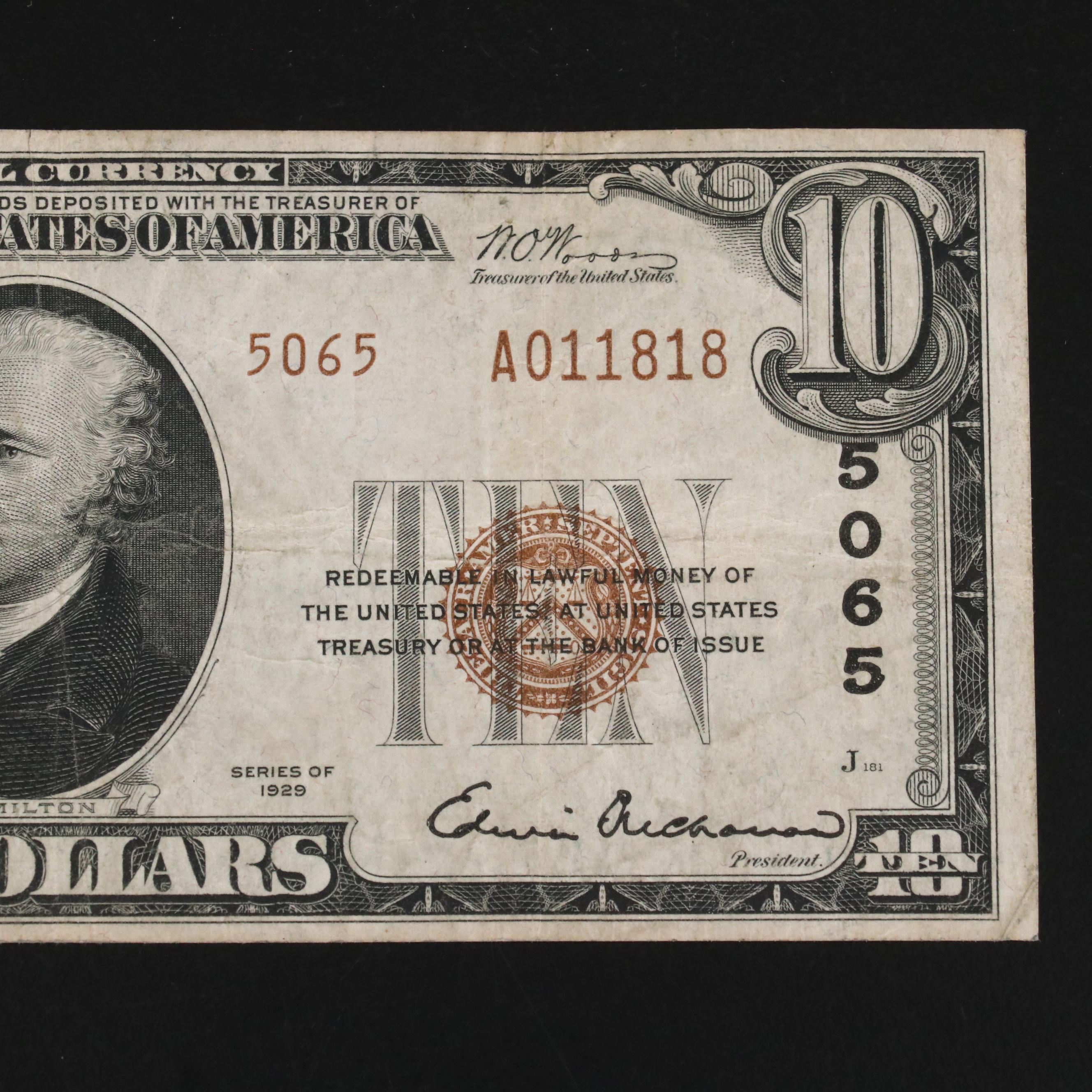 1929 Ten Dollar National bank Note from the Ohio National Bank of Columbus