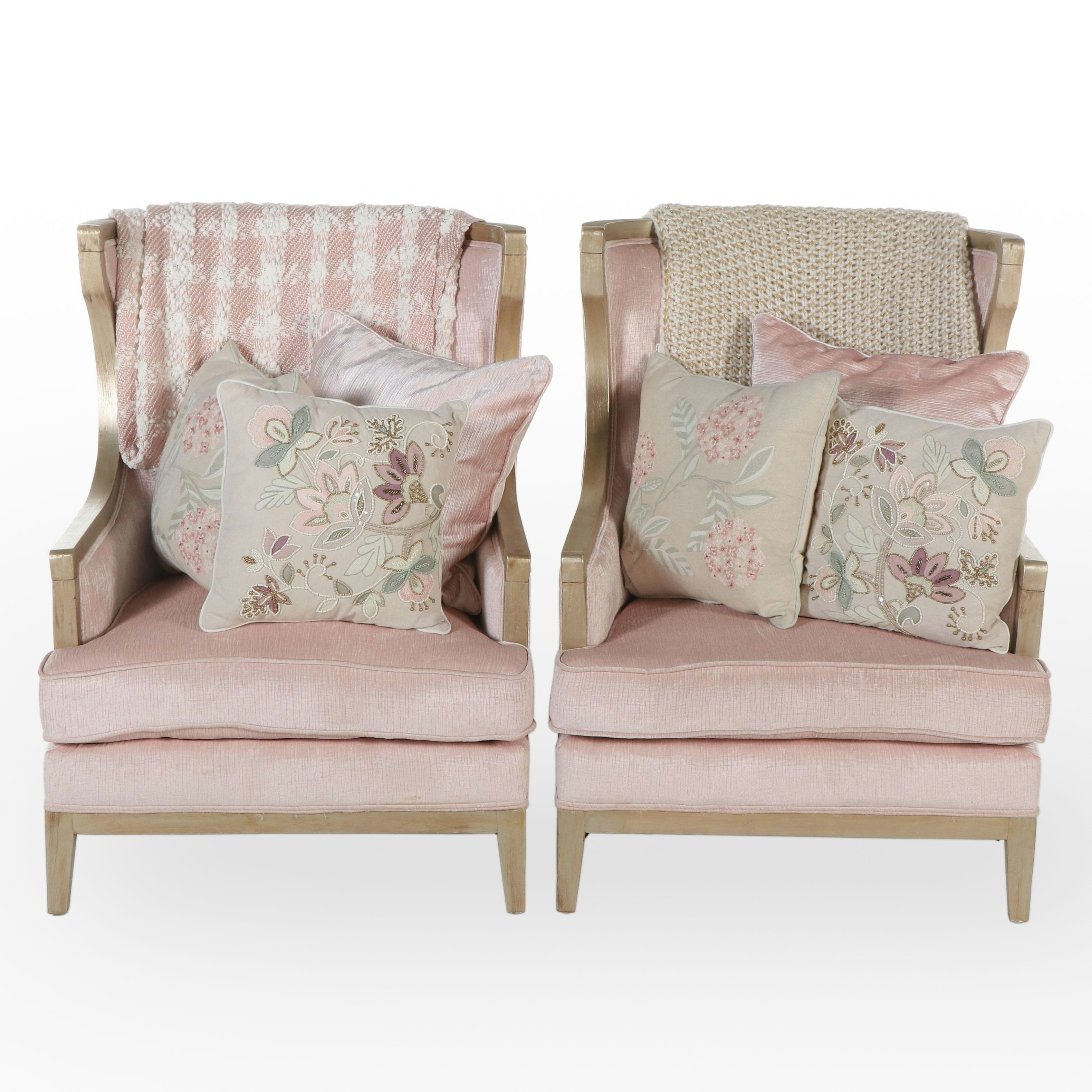 Pair of Pier 1 Imports Giltwood and Upholstered Demi-Wing Armchairs