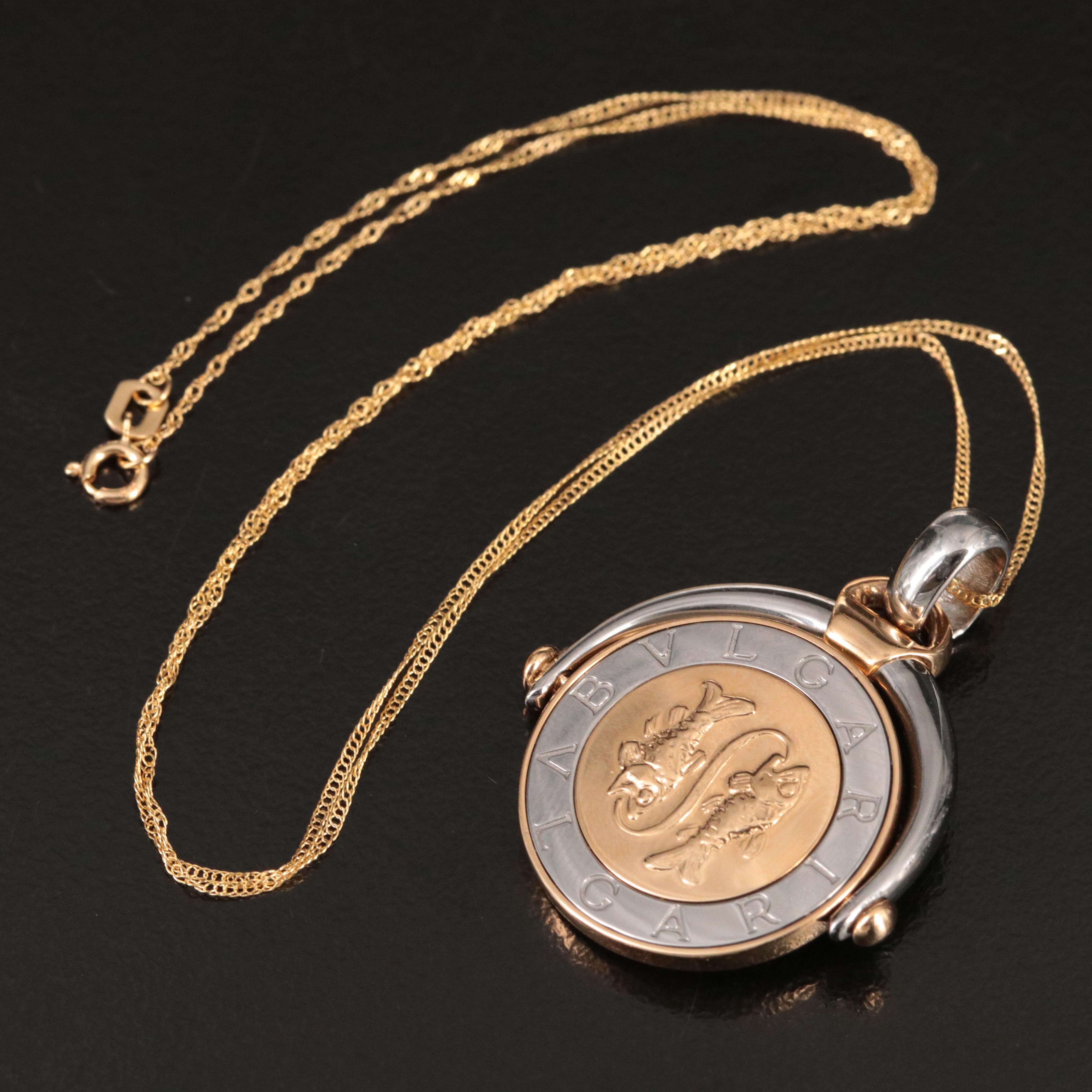 Bulgari BVLGARI 18K and Stainless Steel Pisces Zodiac Pendant on Chain