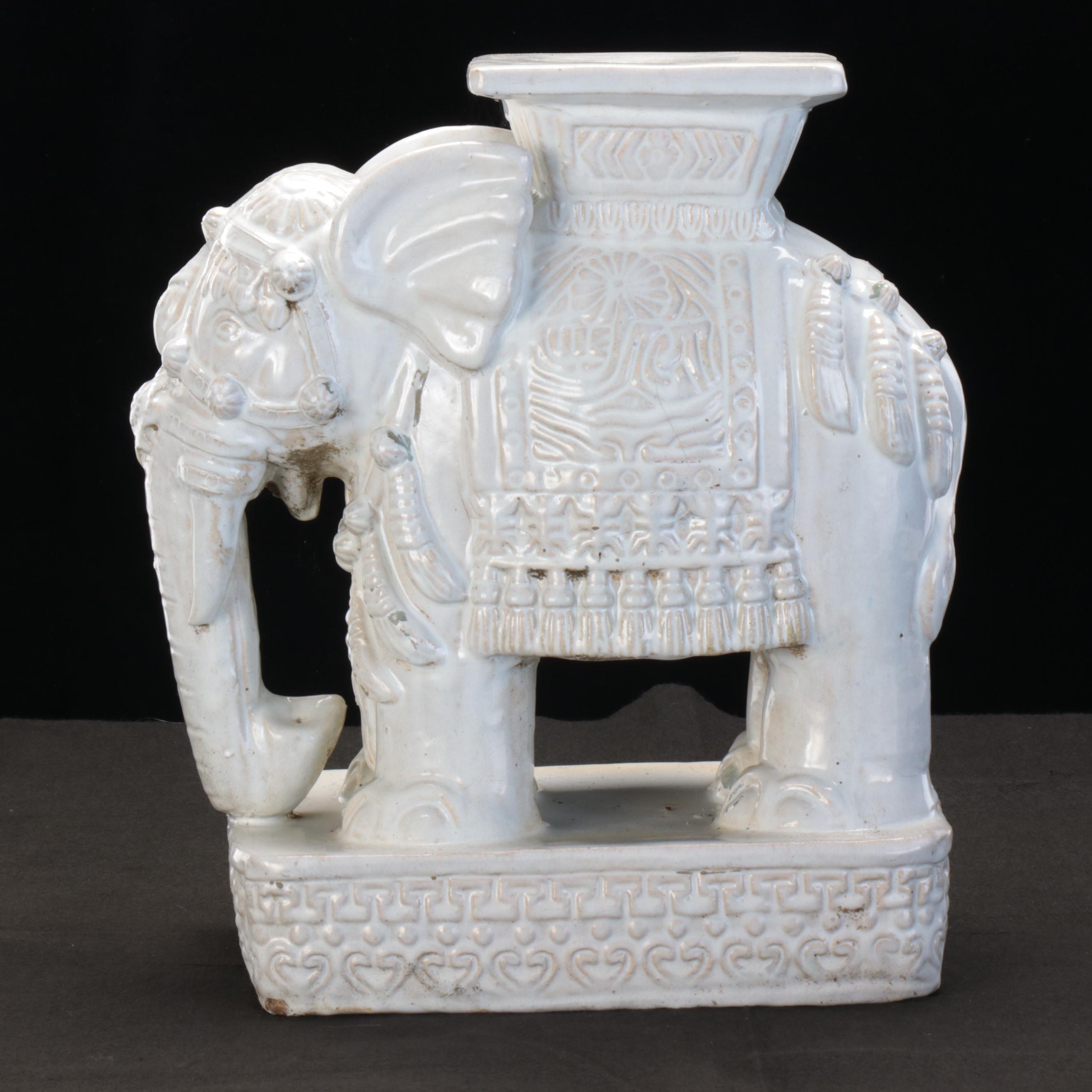 White Glazed Ceramic Elephant Garden Stool