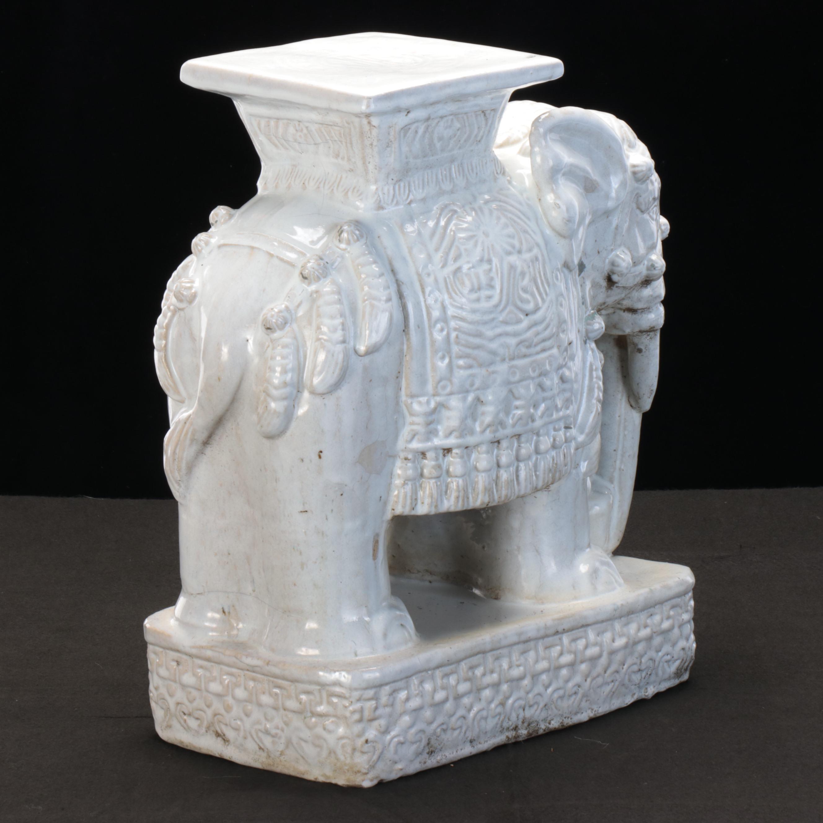 White Glazed Ceramic Elephant Garden Stool