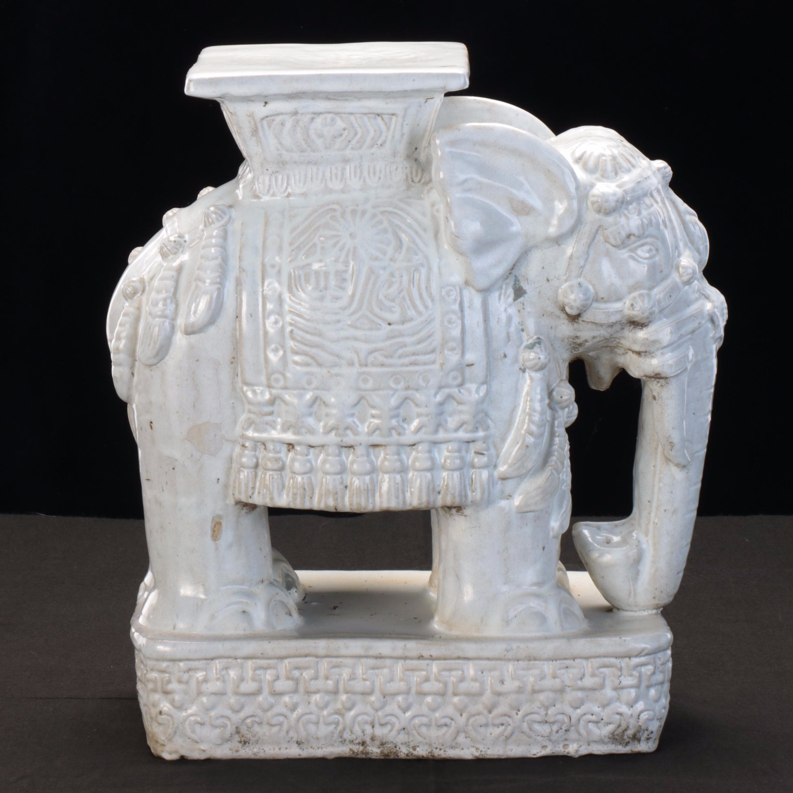 White Glazed Ceramic Elephant Garden Stool