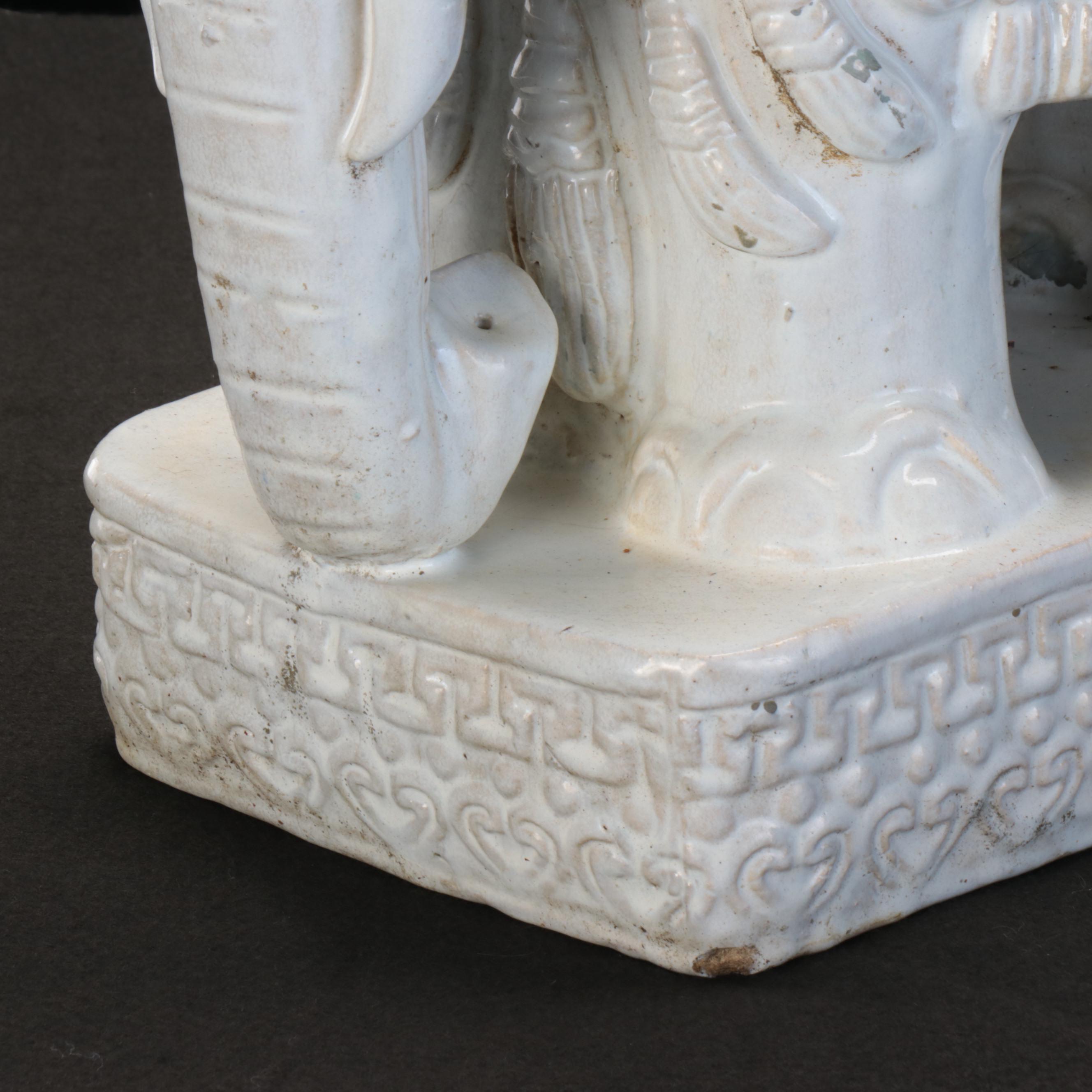 White Glazed Ceramic Elephant Garden Stool