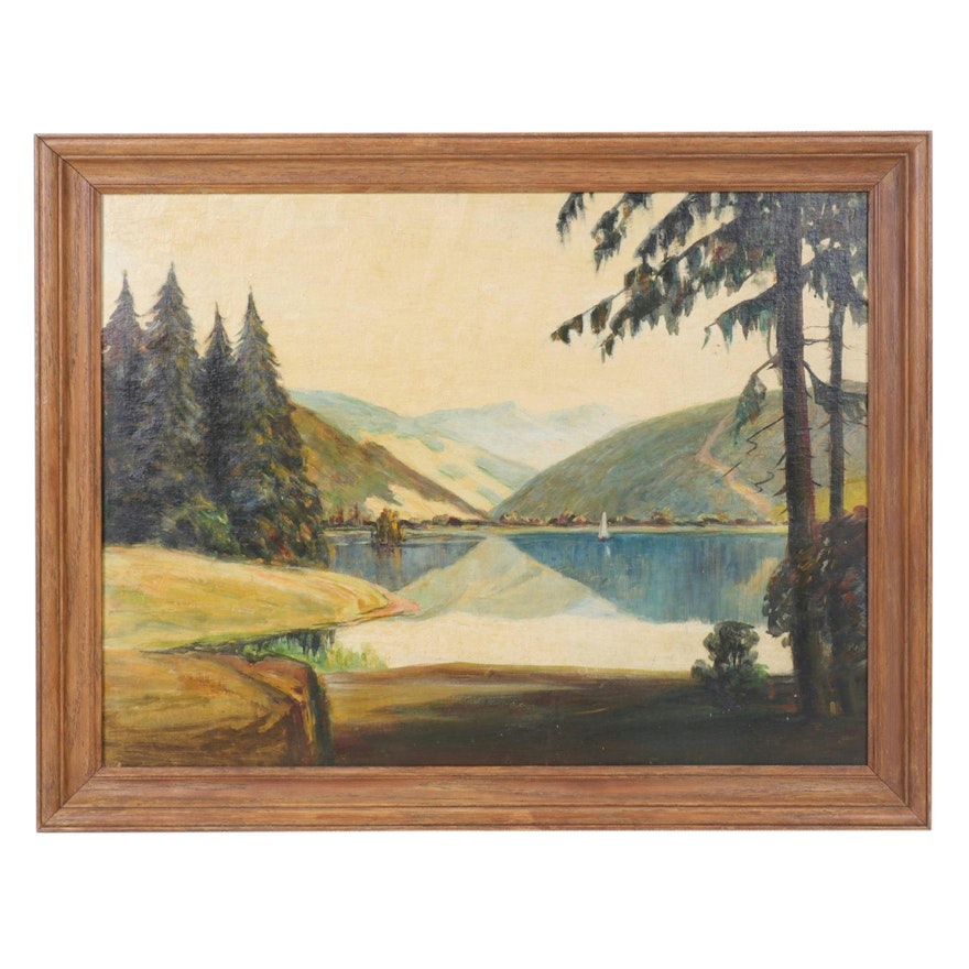 Willard Frush Lakeside Landscape Oil Painting, 1947