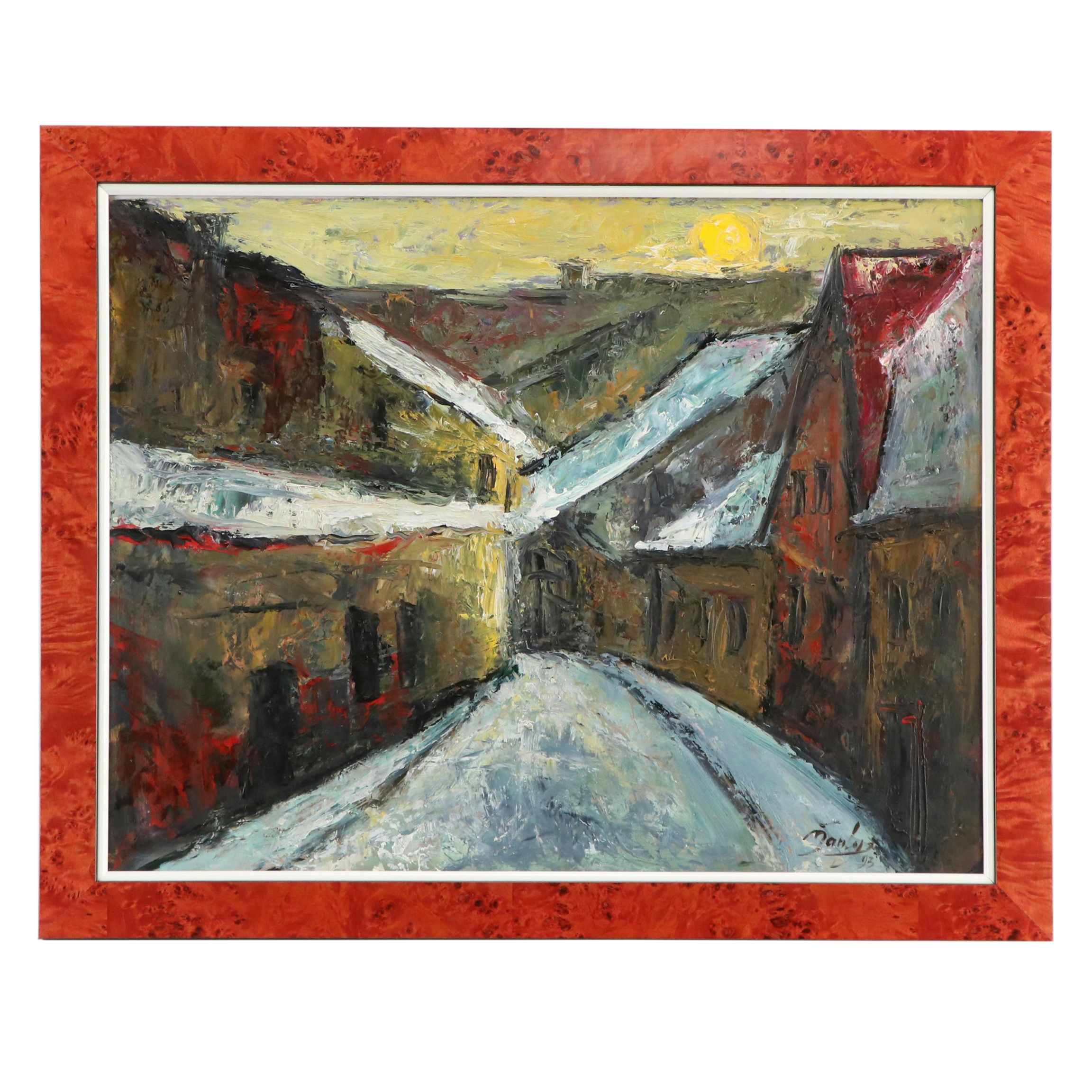 Snowy Village Landscape Oil Painting, 1993