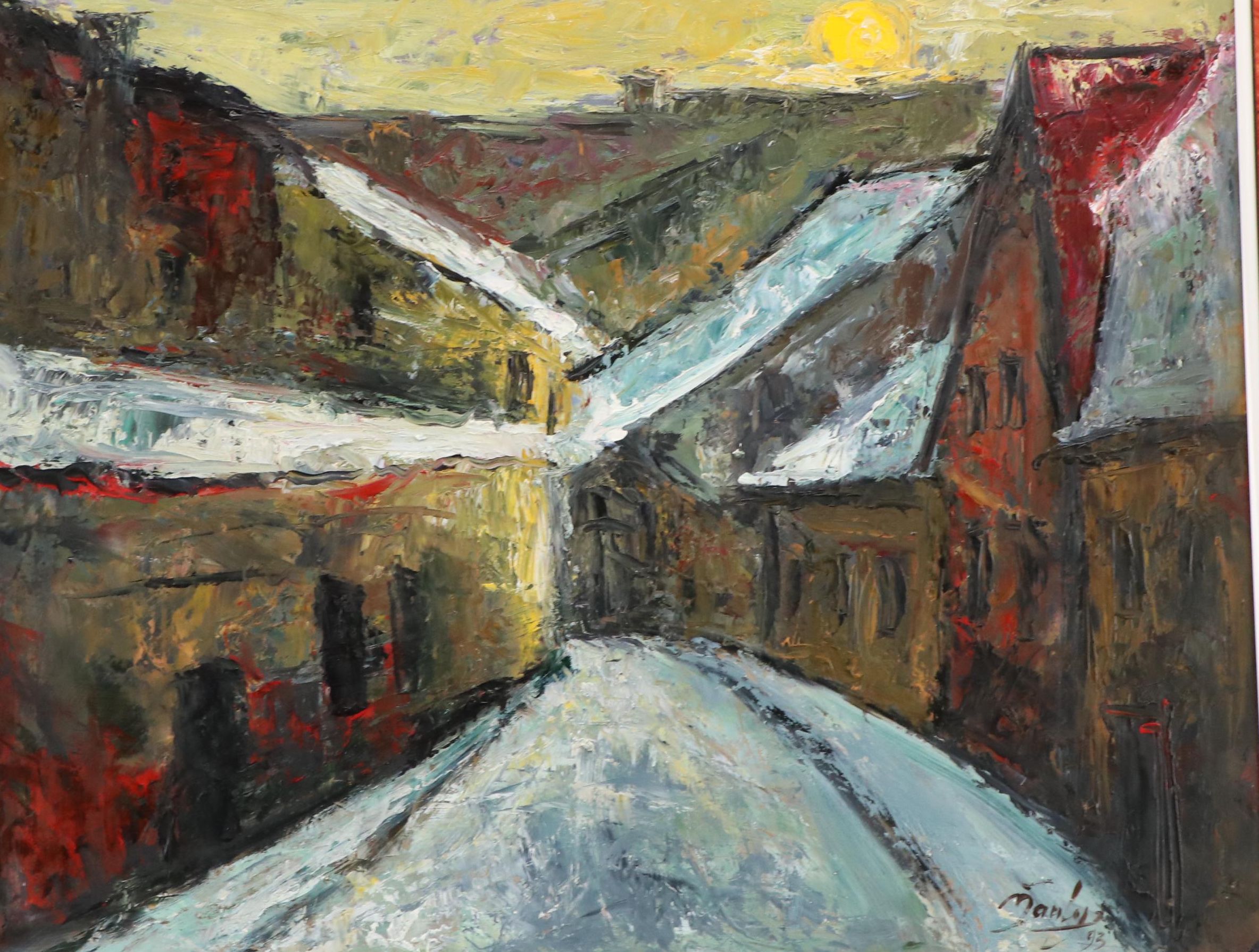 Snowy Village Landscape Oil Painting, 1993