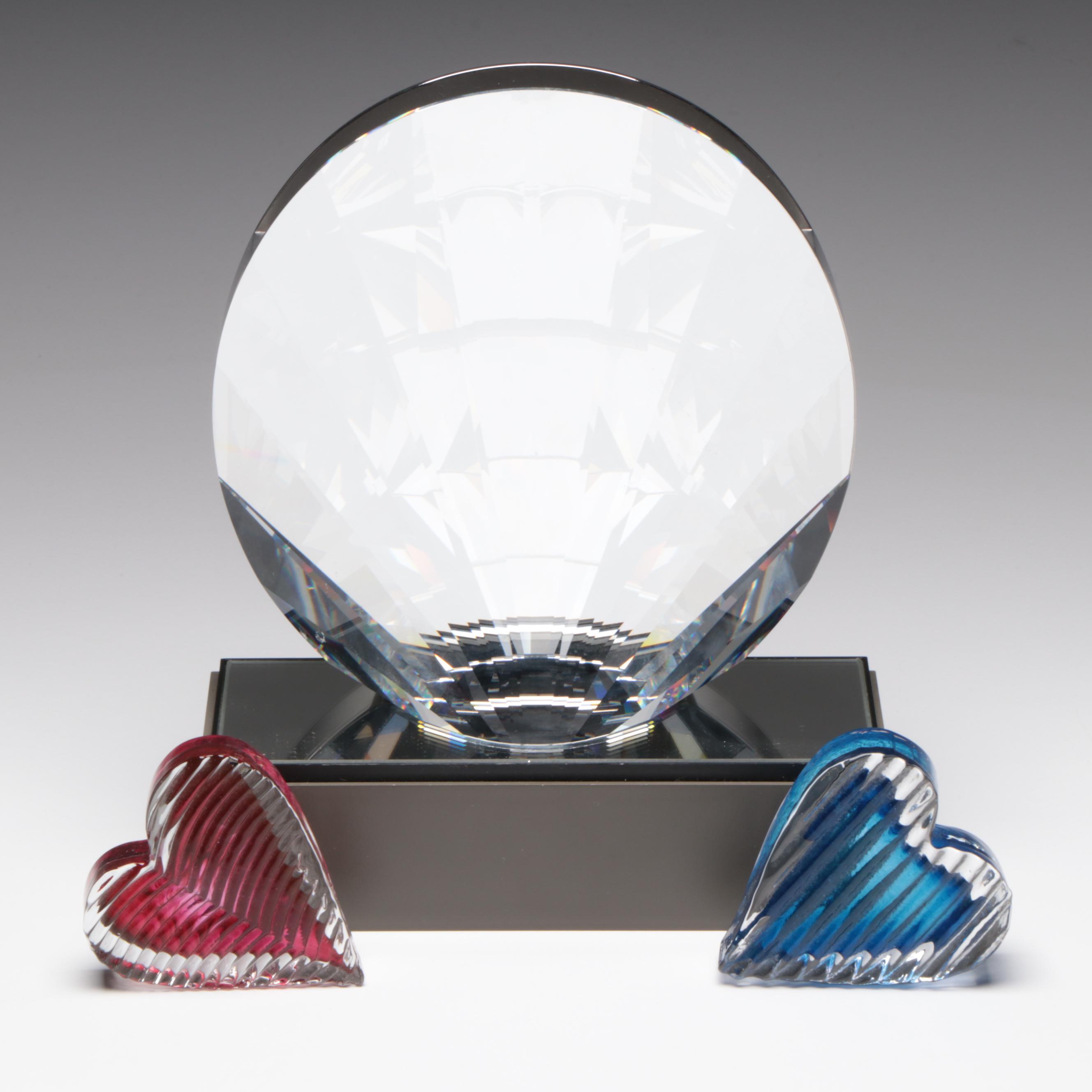 Swarovski Crystal "Scallop Clam Shell" with Art Glass Heart Paperweights