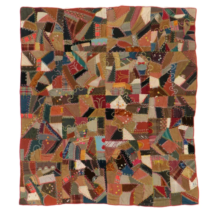 Crazy Quilt with Stitched Floral and Vine Motifs, Early 20th Century