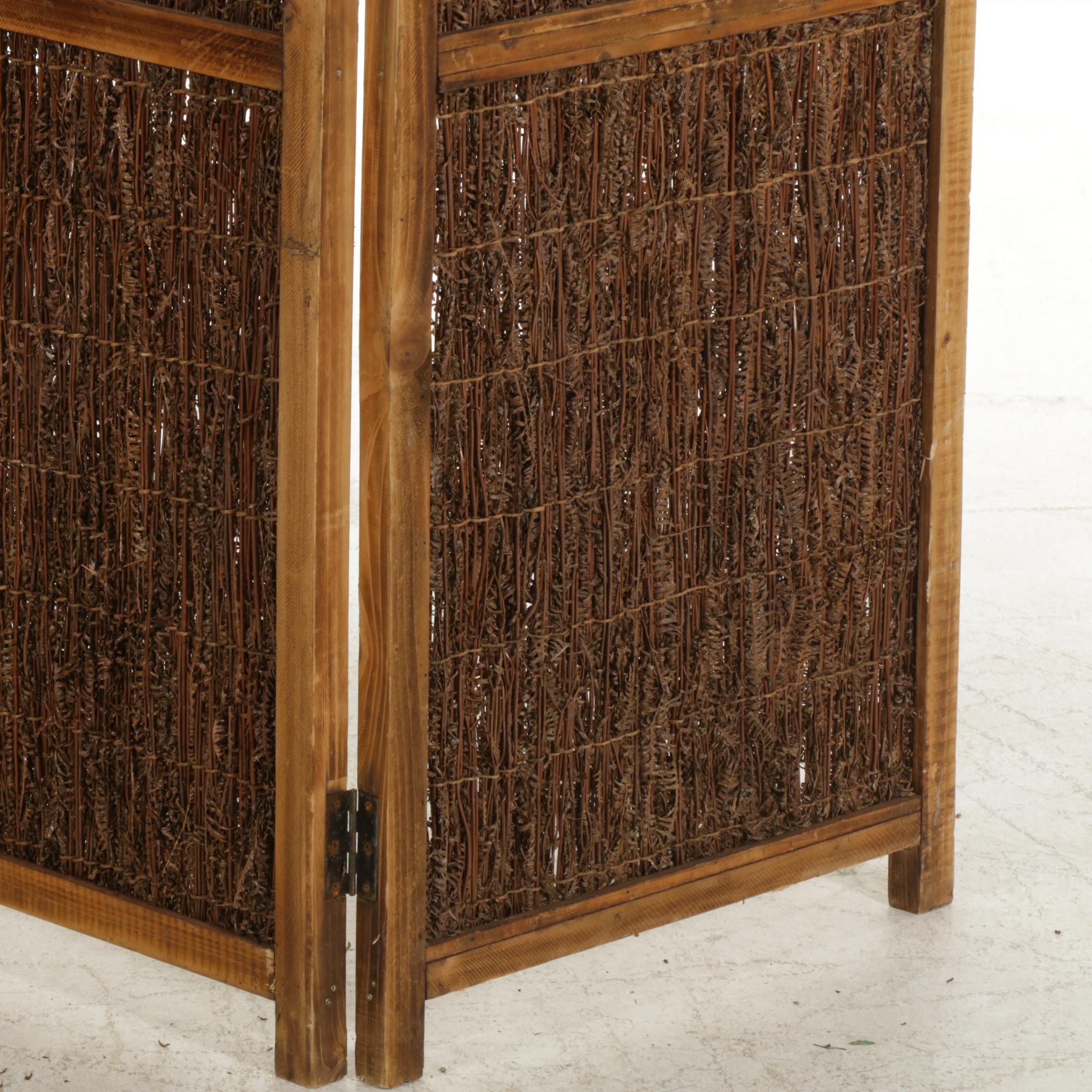 Hand-Crafted Rustic Three Panel Room Screen with Dried Fern Panels