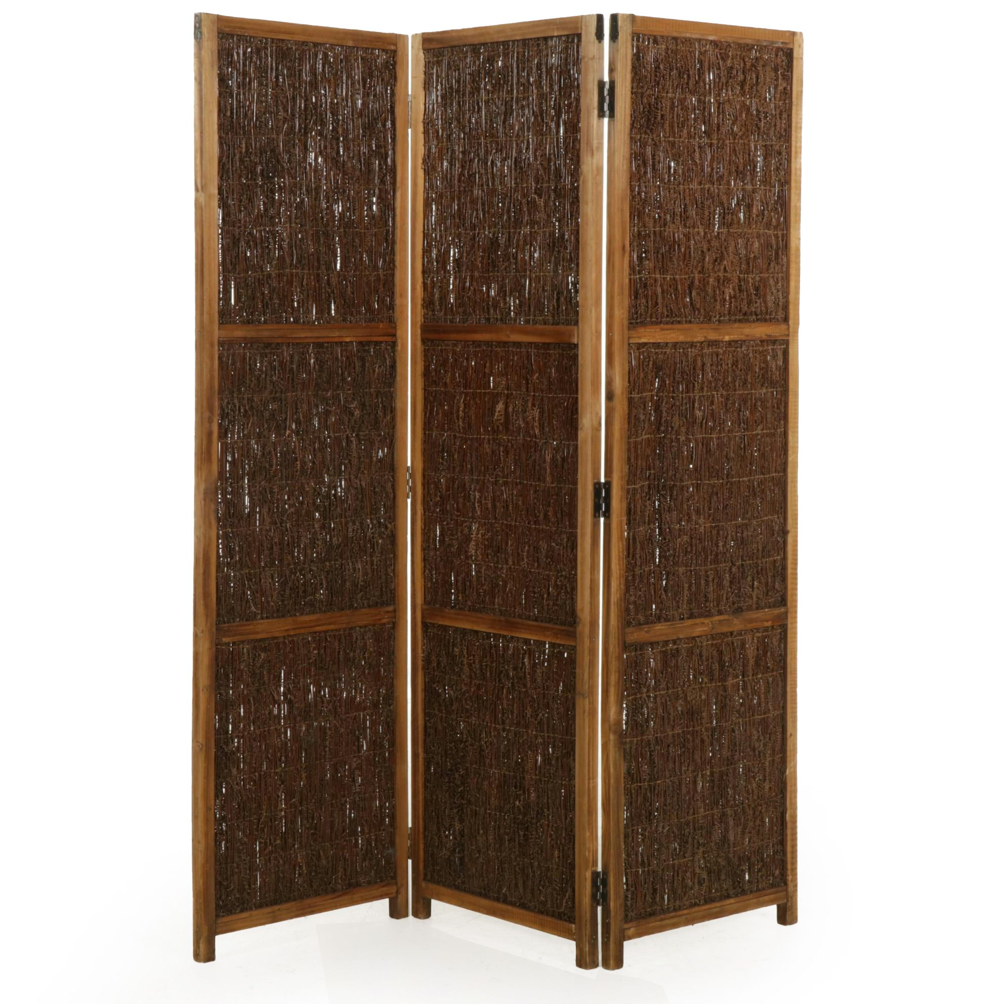 Hand-Crafted Rustic Three Panel Room Screen with Dried Fern Panels