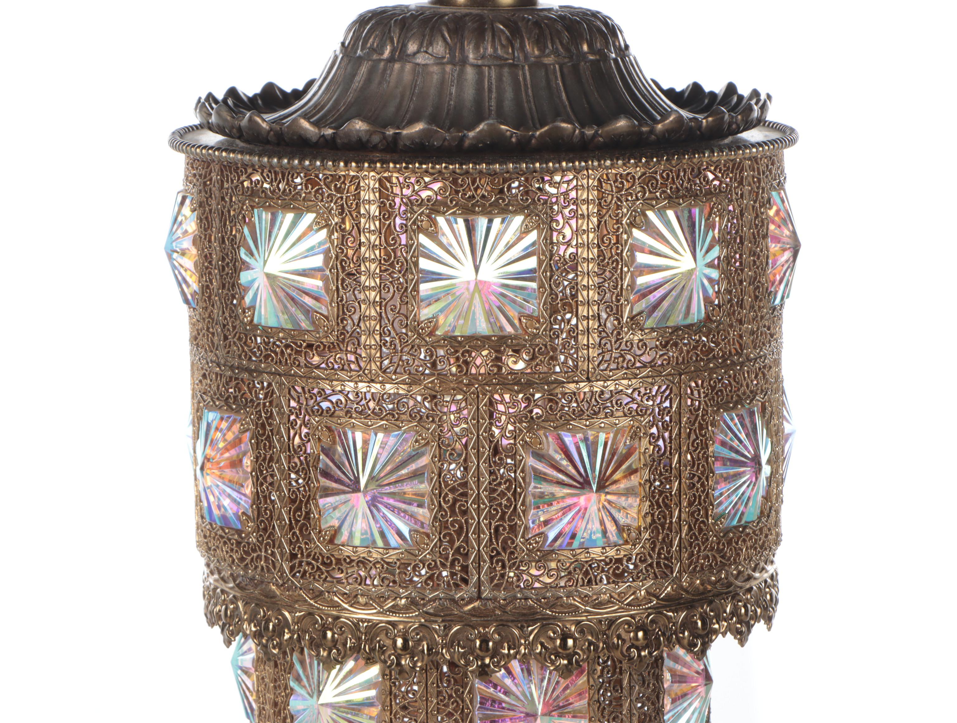 Hollywood Regency Filigree Brass and Iridescent Crystals Swag Pendant Light