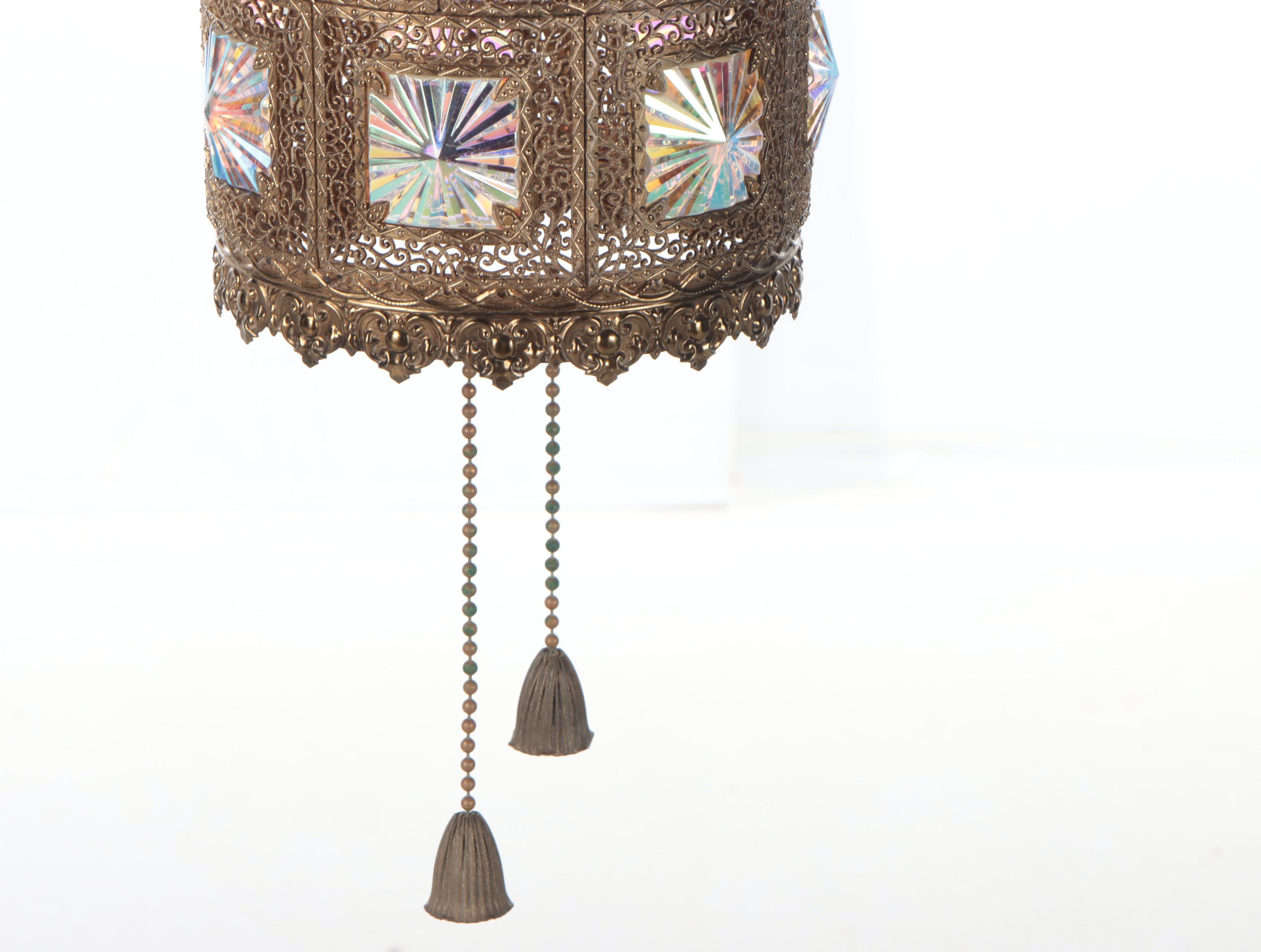 Hollywood Regency Filigree Brass and Iridescent Crystals Swag Pendant Light