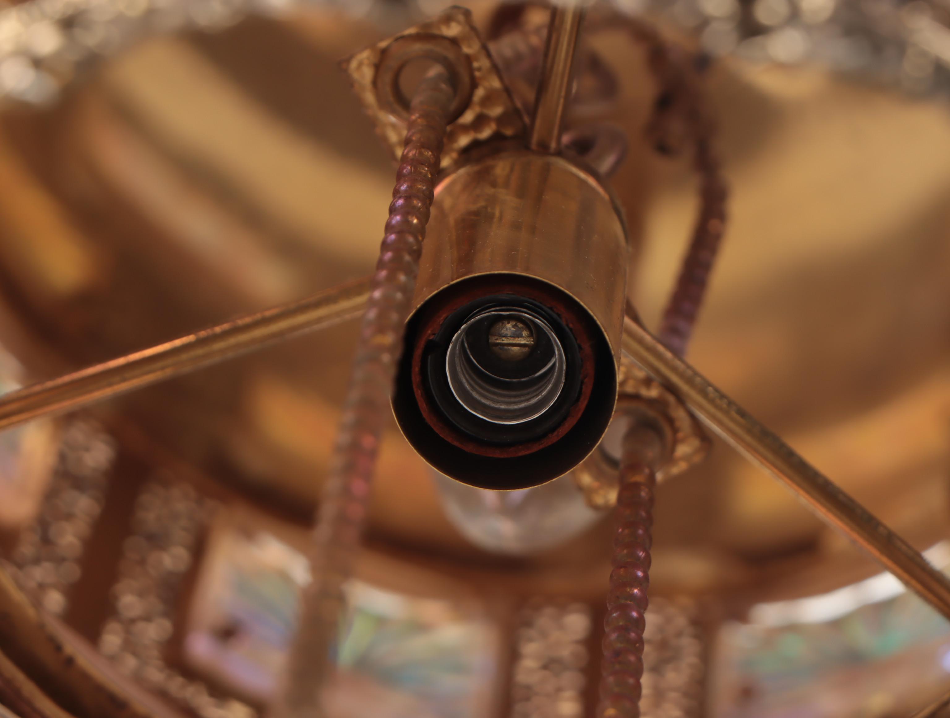 Hollywood Regency Filigree Brass and Iridescent Crystals Swag Pendant Light