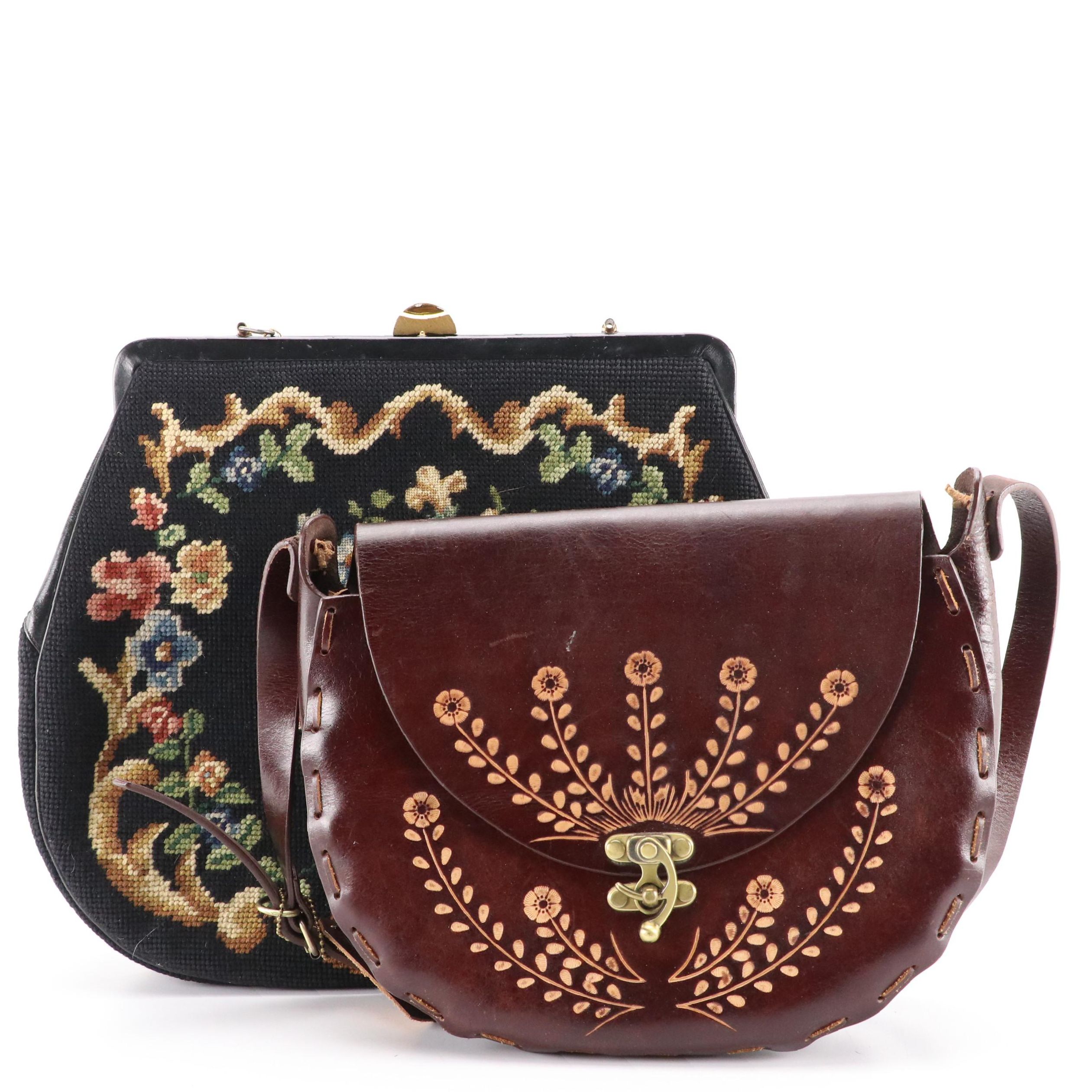 Large Needlepoint Purse and Tooled Leather Shoulder Bag