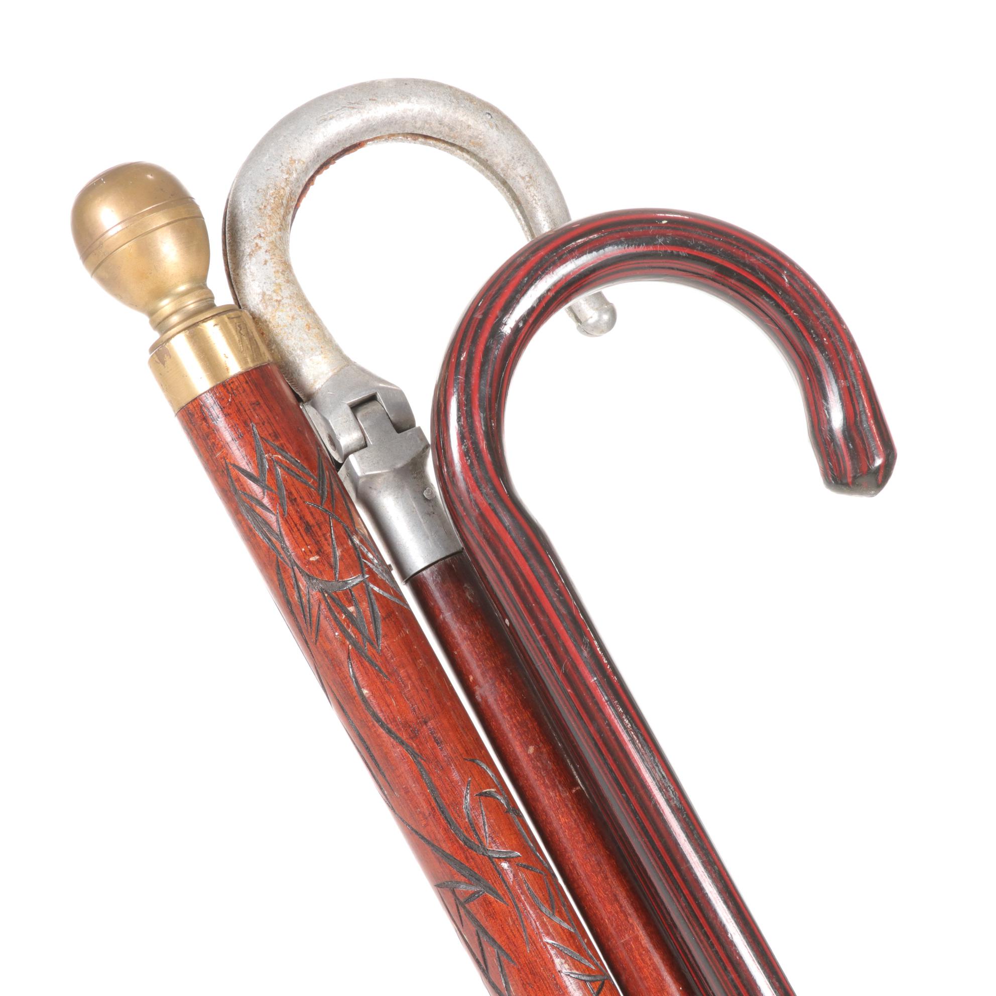 Edwardian Shooting Stick & Other Striped Wood Cane, Walking Stick Pool Cue