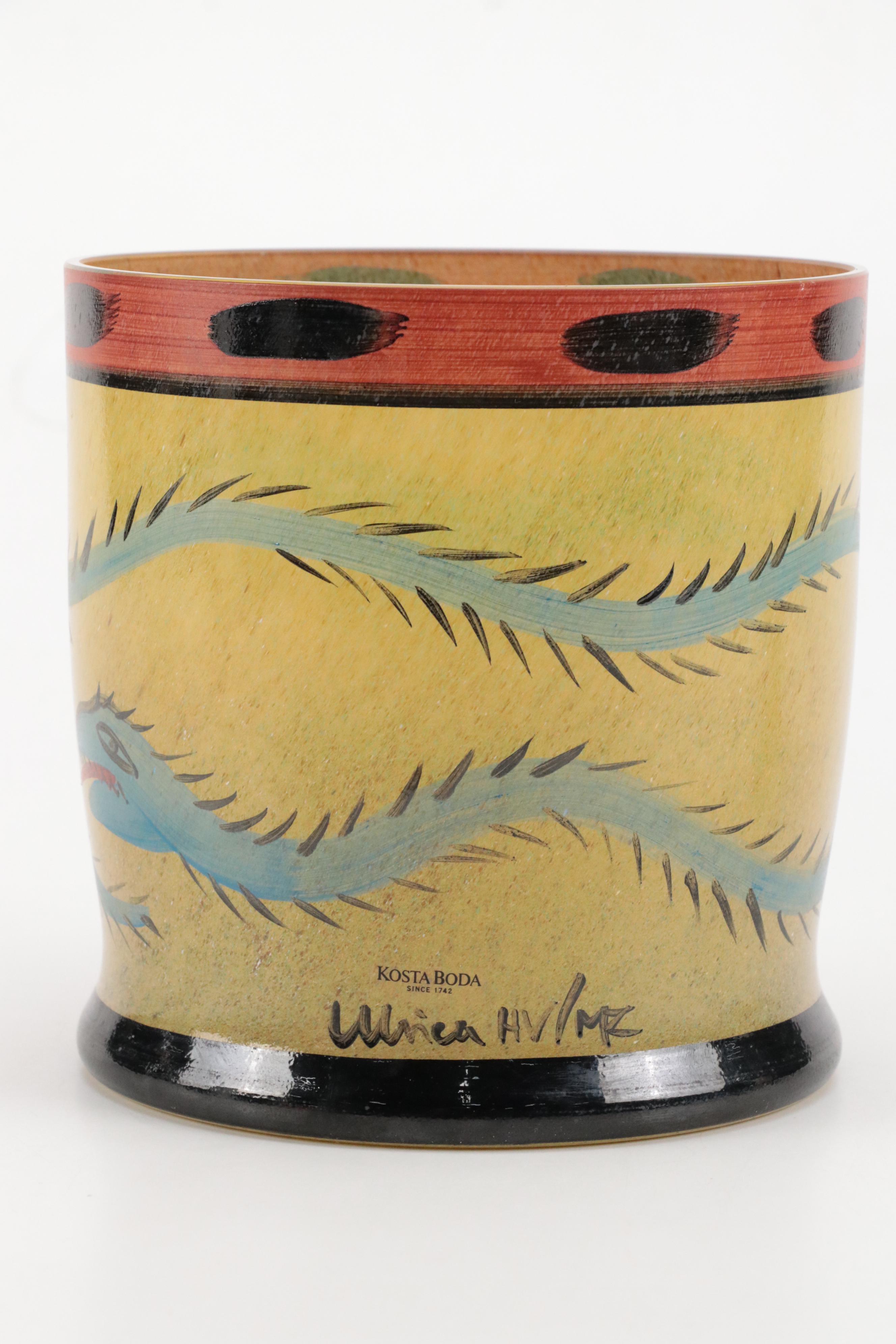 Carved Horn Peacock Figure on Resin Base, Kosta Boda "Nevada" Hand-Painted Vase