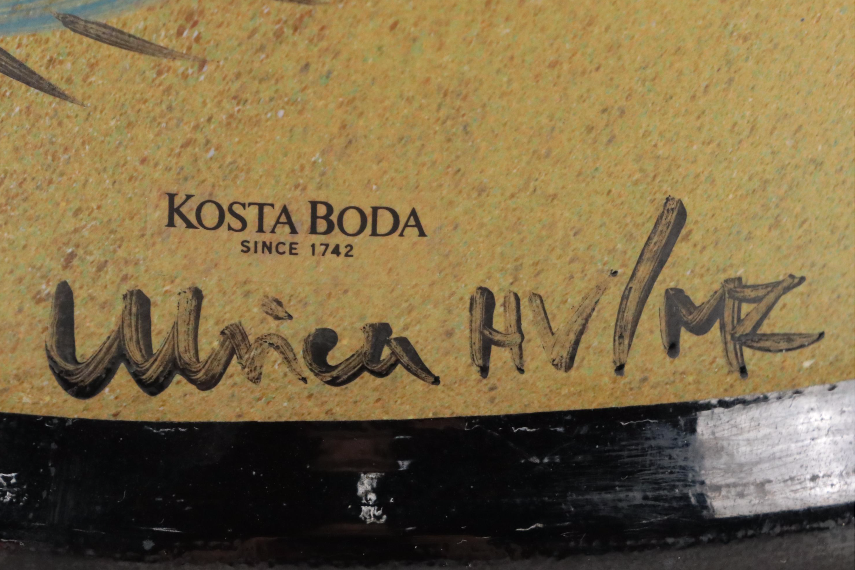 Carved Horn Peacock Figure on Resin Base, Kosta Boda "Nevada" Hand-Painted Vase