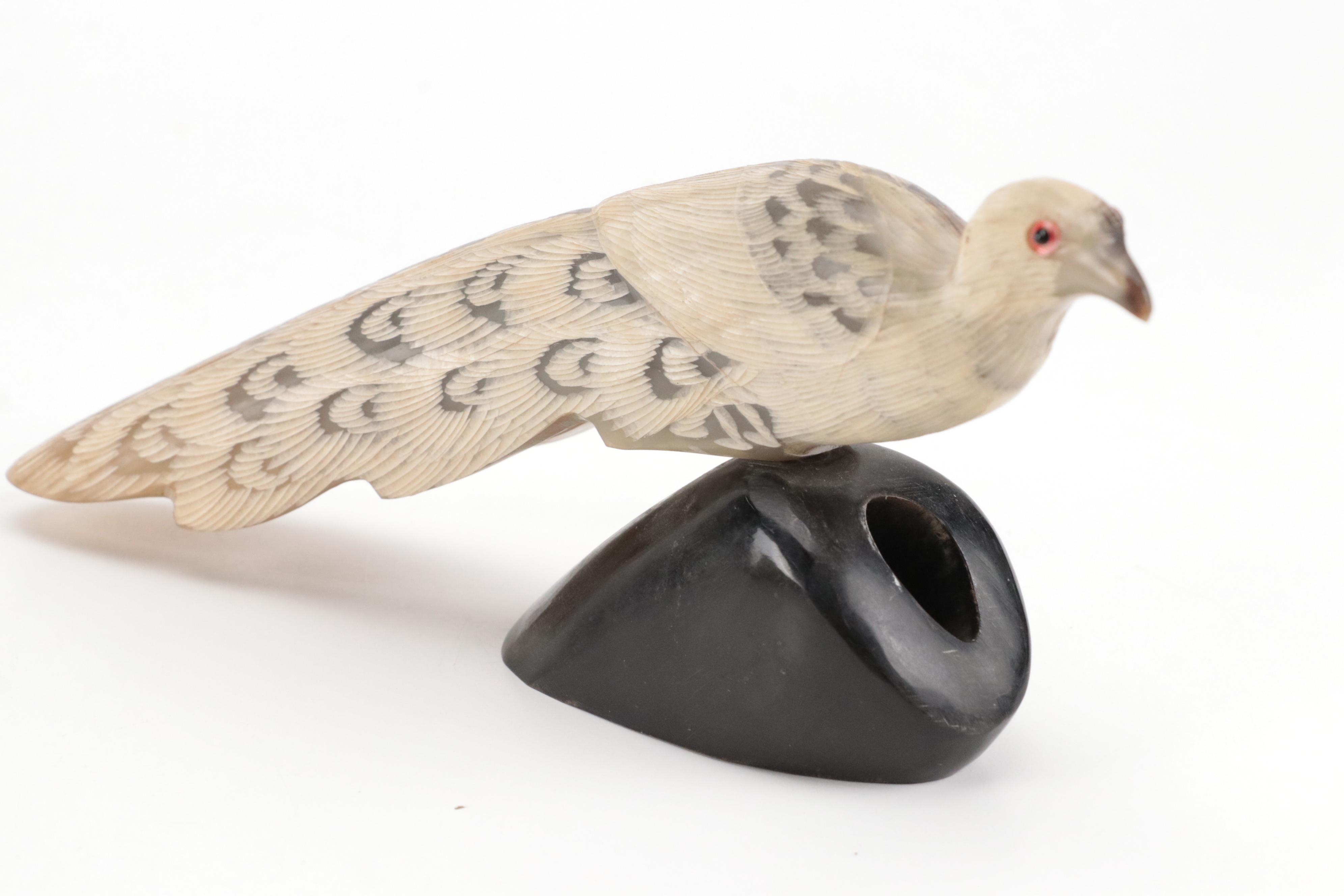 Carved Horn Peacock Figure on Resin Base, Kosta Boda "Nevada" Hand-Painted Vase