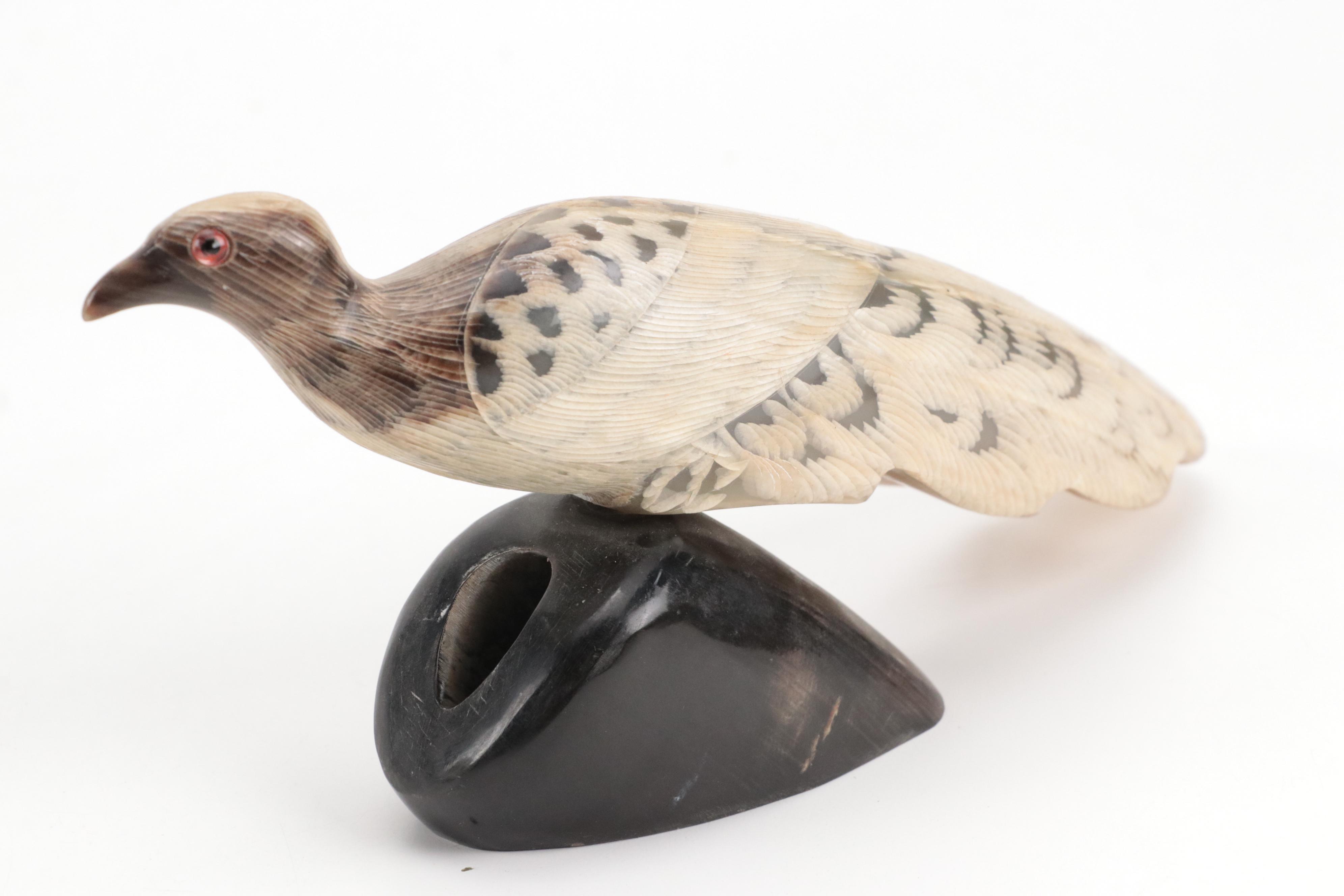 Carved Horn Peacock Figure on Resin Base, Kosta Boda "Nevada" Hand-Painted Vase