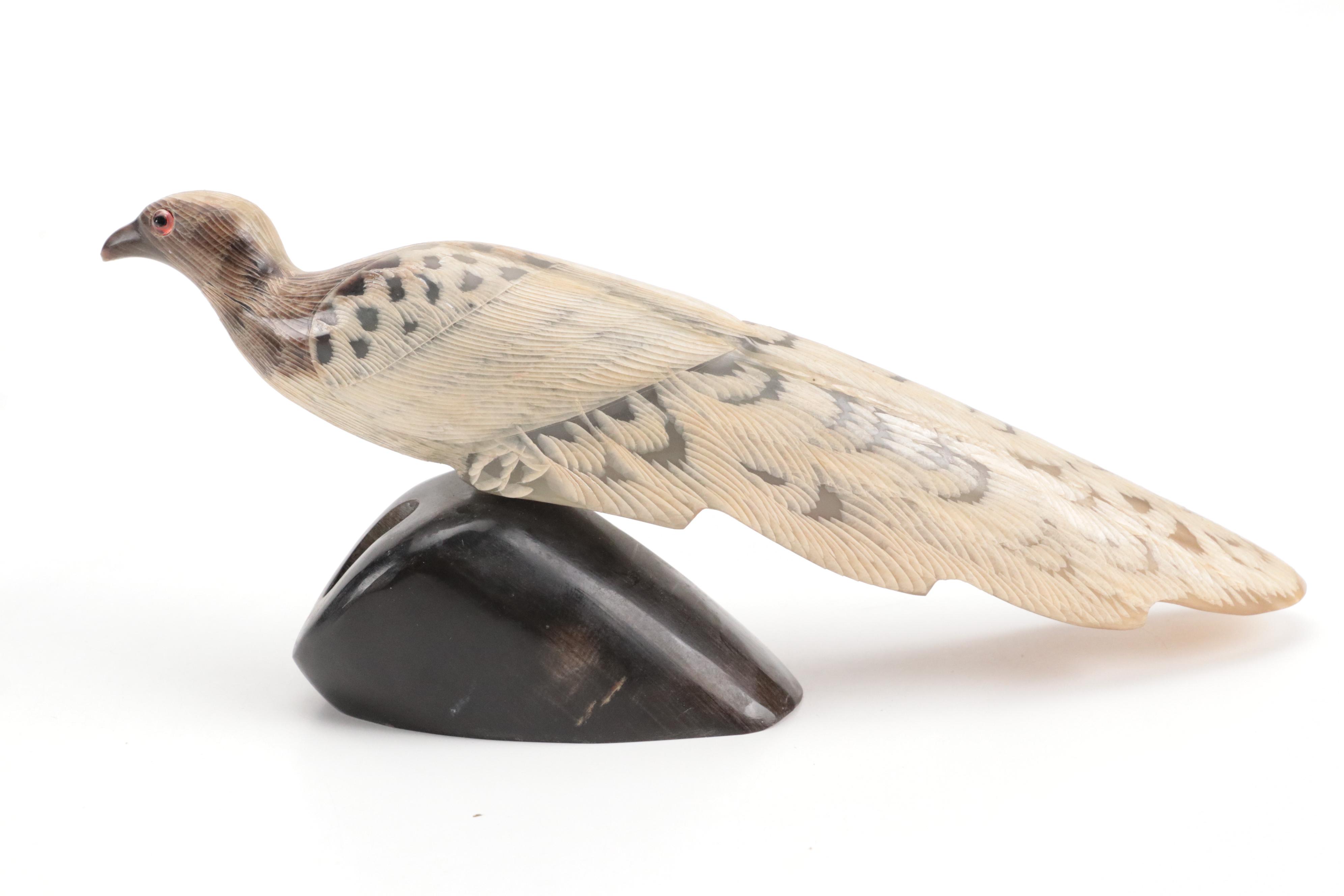 Carved Horn Peacock Figure on Resin Base, Kosta Boda "Nevada" Hand-Painted Vase