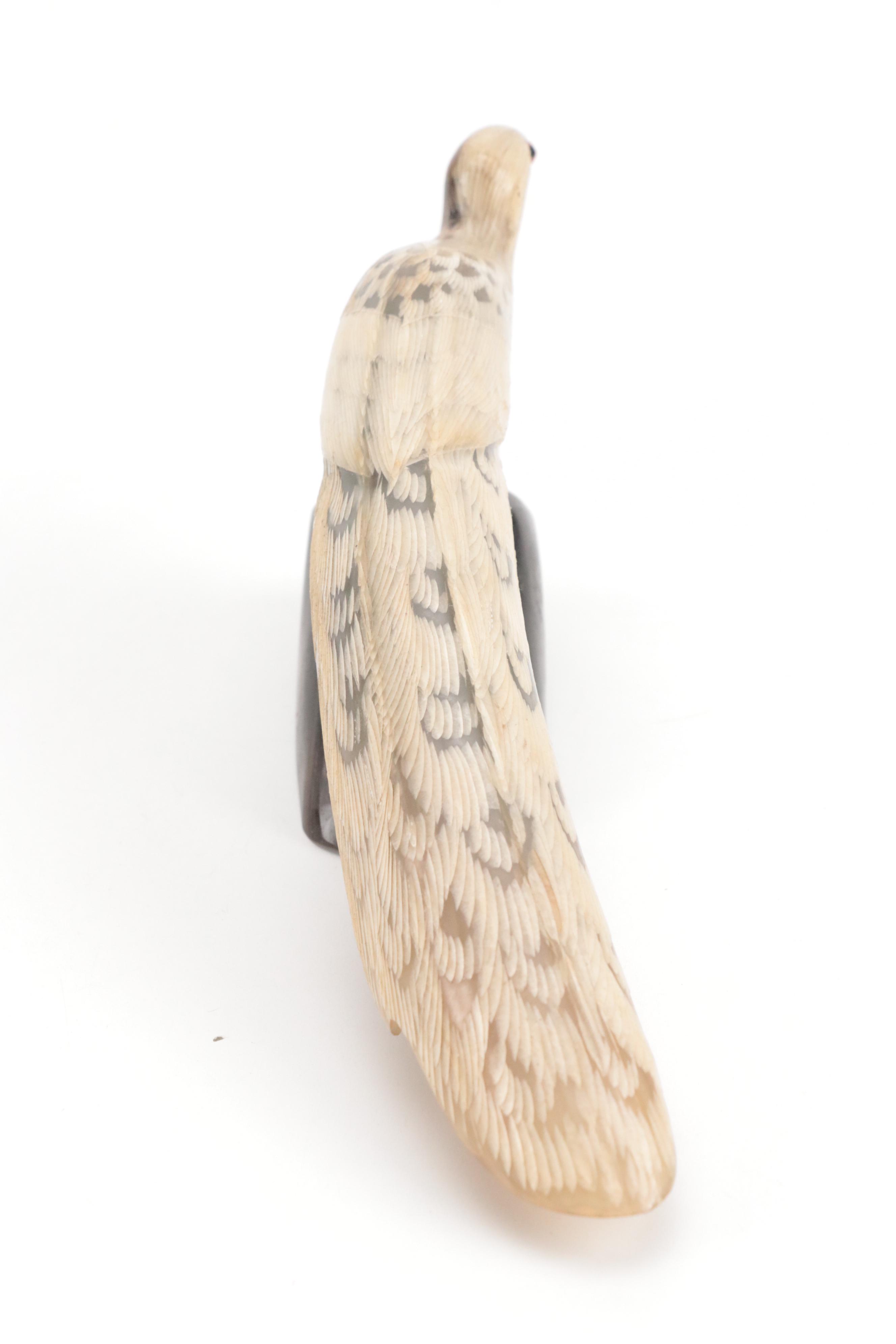 Carved Horn Peacock Figure on Resin Base, Kosta Boda "Nevada" Hand-Painted Vase