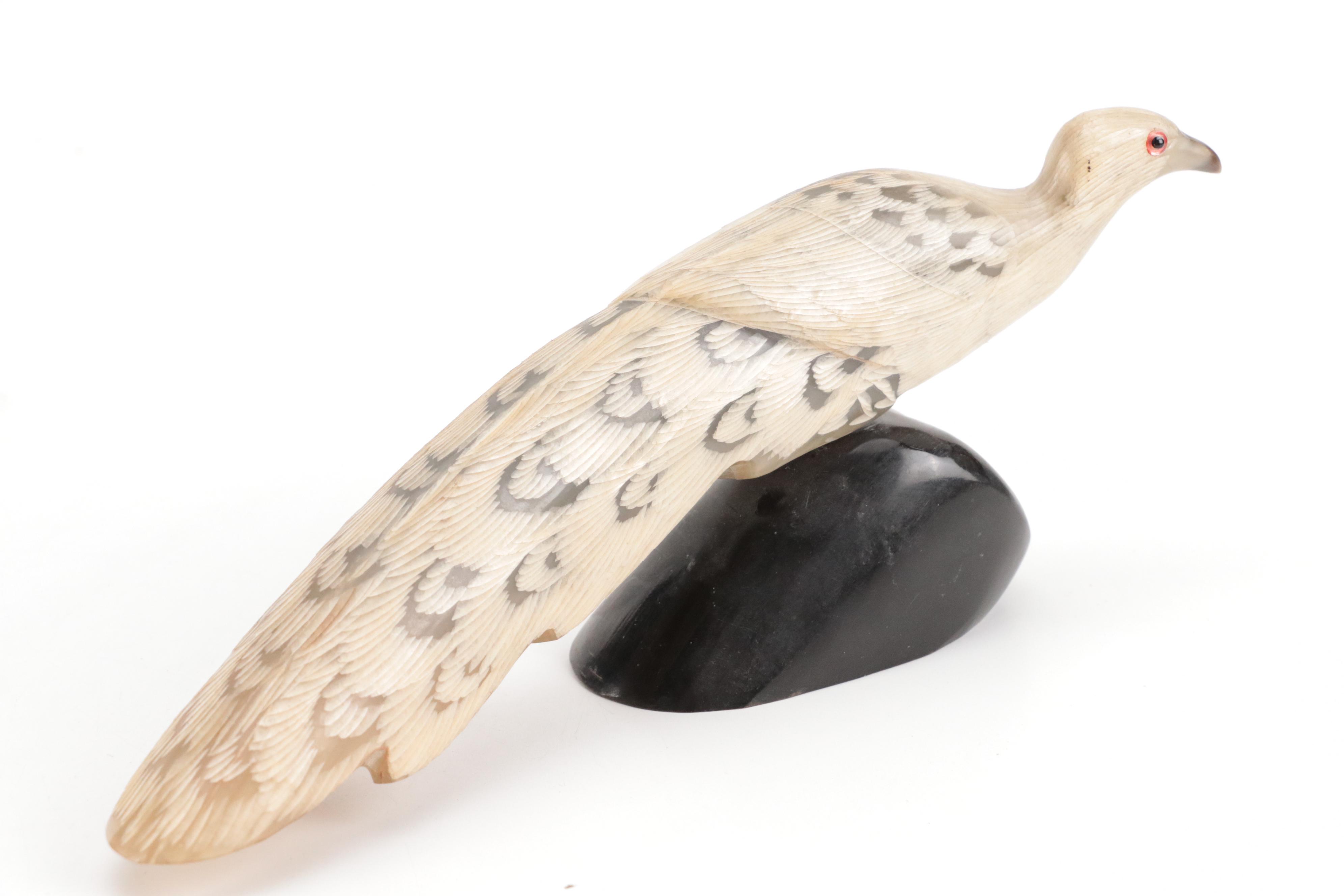 Carved Horn Peacock Figure on Resin Base, Kosta Boda "Nevada" Hand-Painted Vase