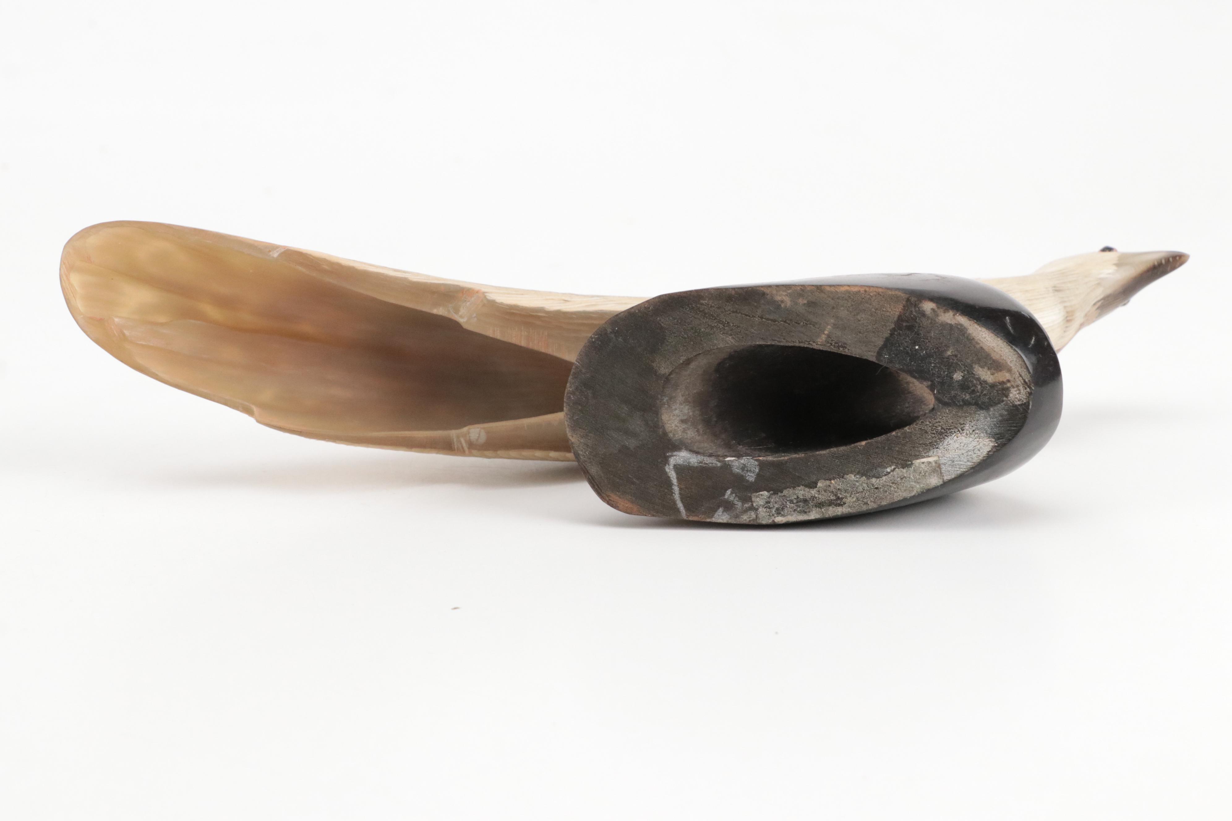 Carved Horn Peacock Figure on Resin Base, Kosta Boda "Nevada" Hand-Painted Vase